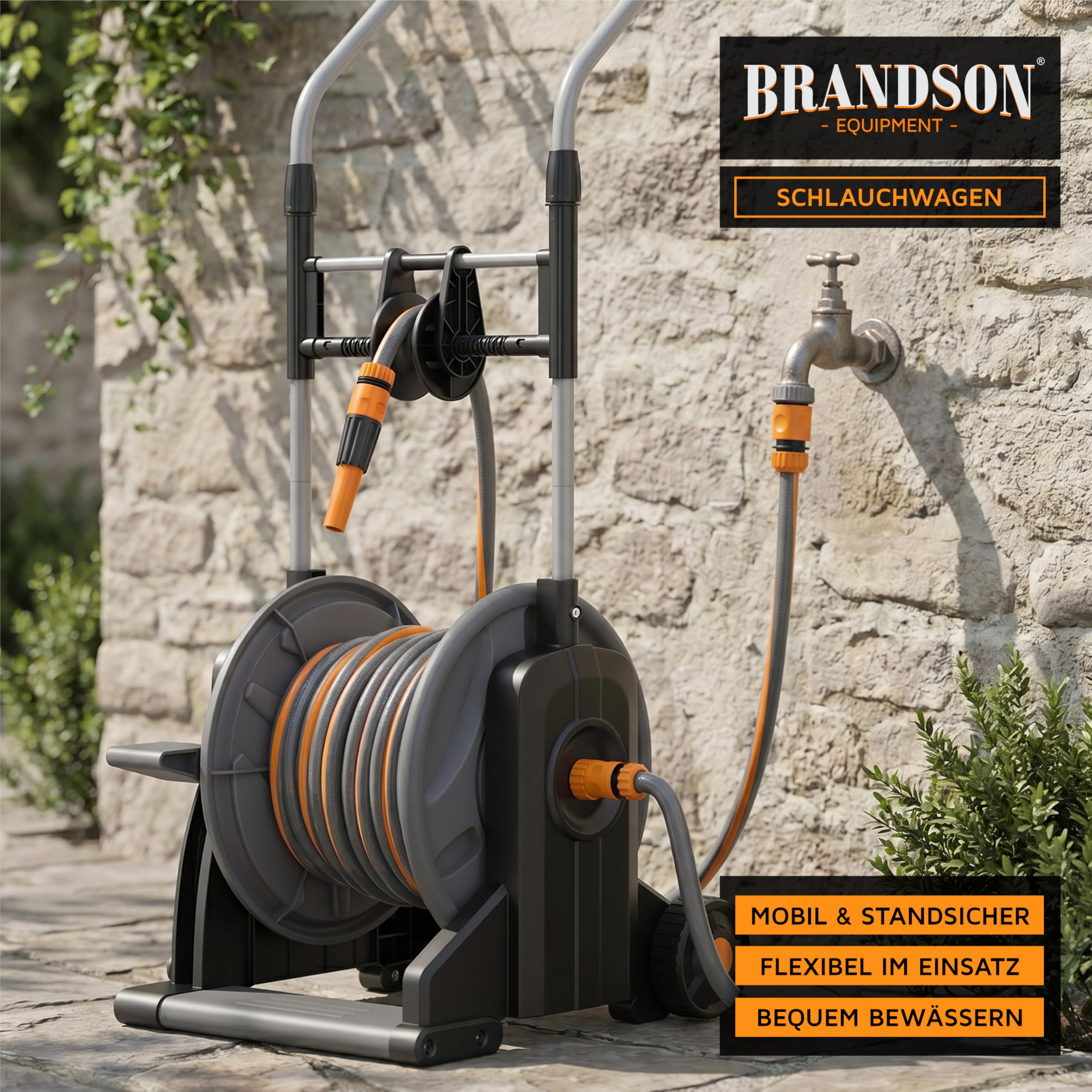Brandson - Garten Schlauchwagen mit Schlauch/Schlauchtrommel inkl. Gartenschlauch 25 m + 2 m Schlauch plus Zuleitung – 3/4 Zoll - automatische Schlauchführung - Aufrollhilfe – Gardena kompatibel