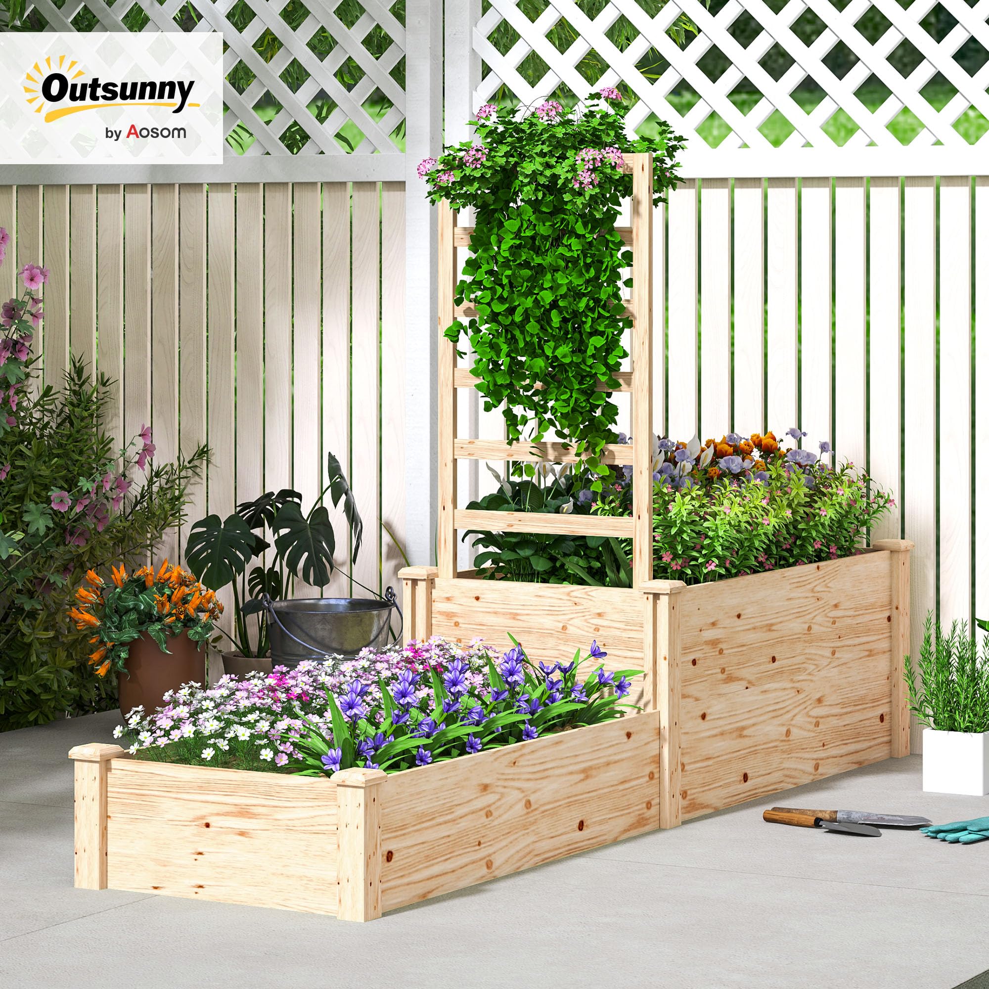 Outsunny Skrzynka na kwiaty z kratką, podniesione łóżko ogrodowe, 2 pojemniki na rośliny z otwartym dnem, drewniana skrzynka na kwiaty na balkon, taras, patio, 222 x 63 x 132 cm, naturalne drewno