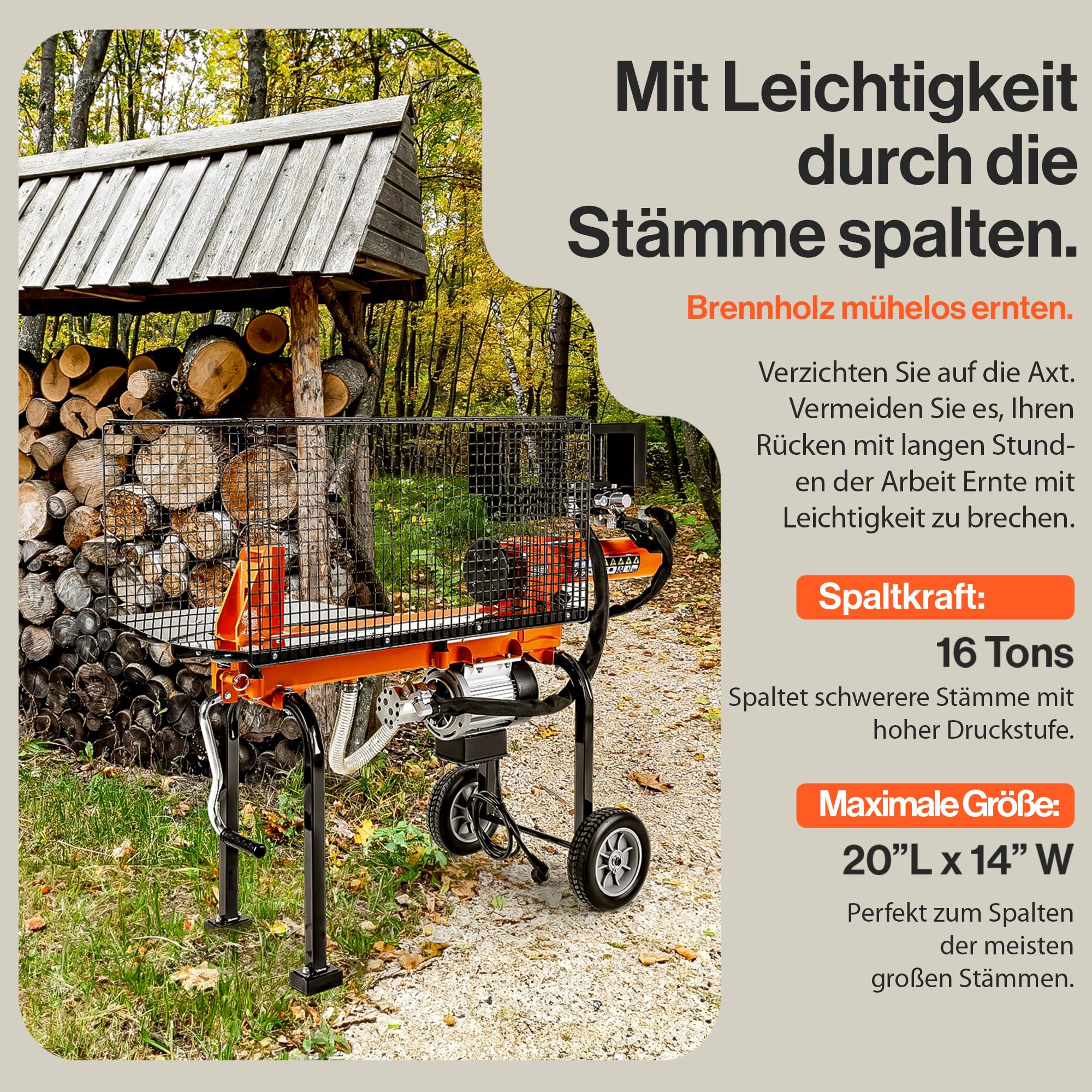 SuperHandy Holzspalter, 16 t Spaltkraft, 1500-W-Motor, Scheite 50 cm | Tragbar; 2-stufige 10-GPM-Hydraulikpumpe; Vollträger mit Stahlkeil für Brennholz, Forst- und Erntearbeiten
