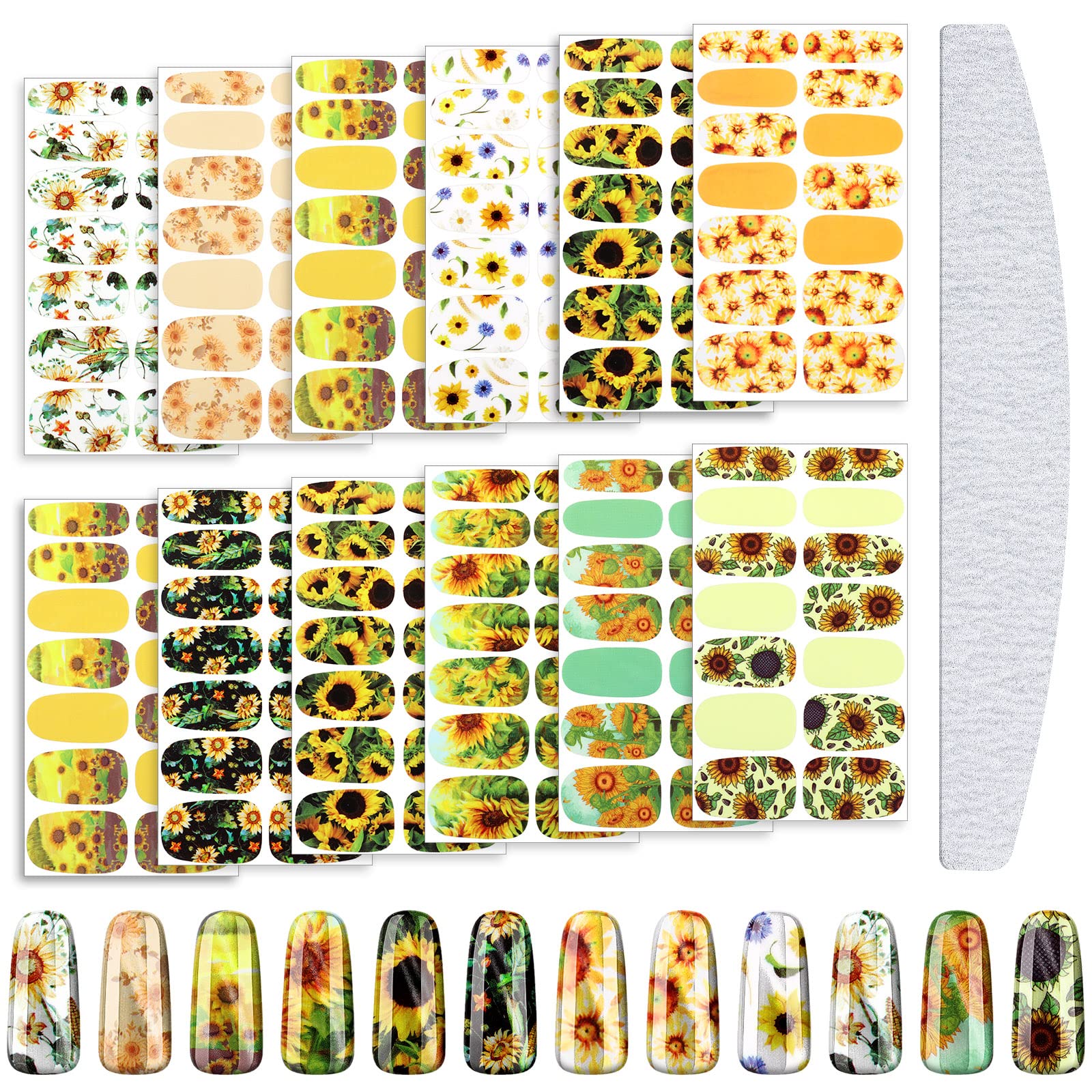 Maitys 168 Pcs Sunflower Nail Stickers Floral Flower Nail Wrap with File