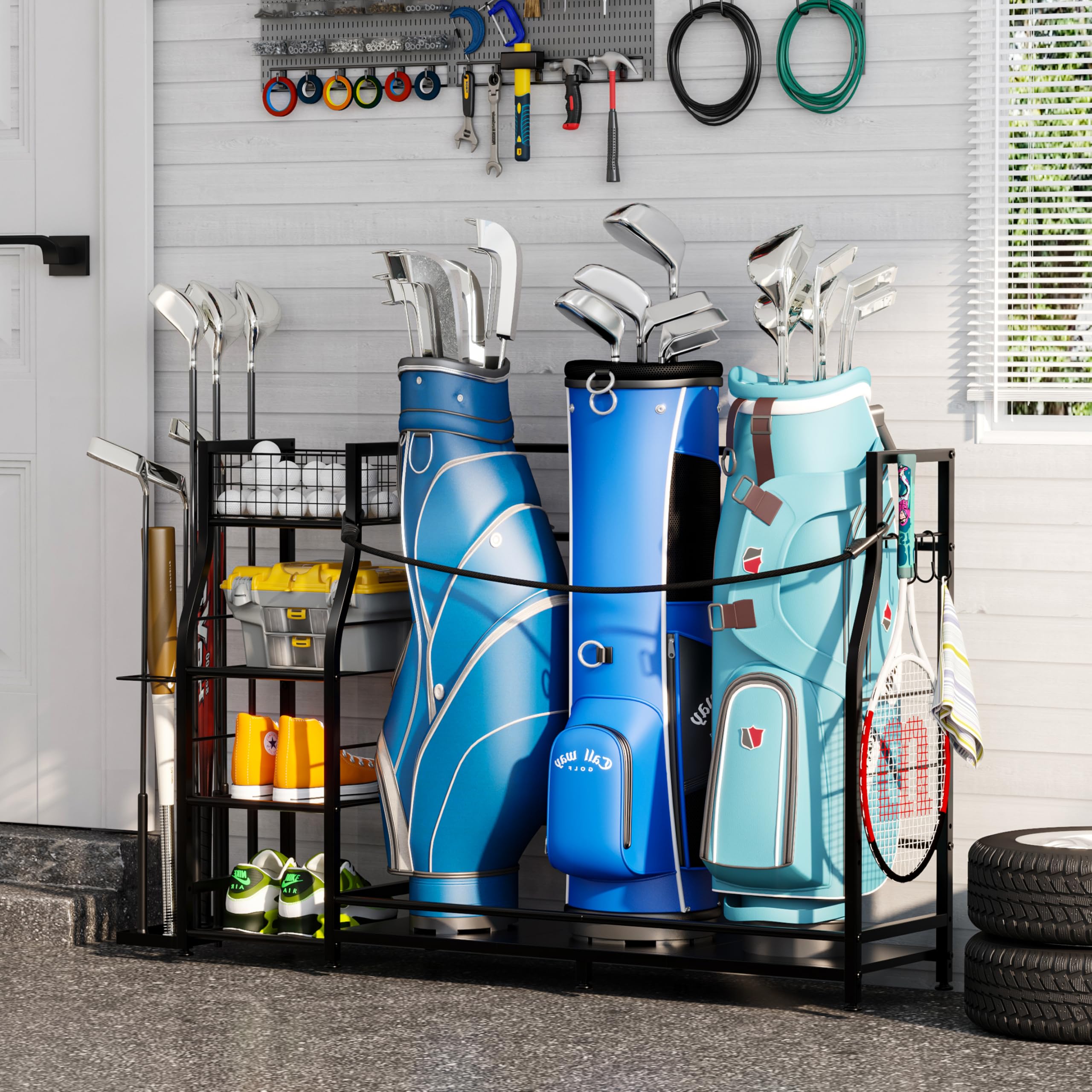 Golftaschenständer für Golftaschen-Zubehör, Golftaschen-Aufbewahrungs-Organizer passend für 3 Taschen für Garagenorganisation, Golf-Organizer mit zusätzlichem Aufbewahrungsregal für Golfschläger und