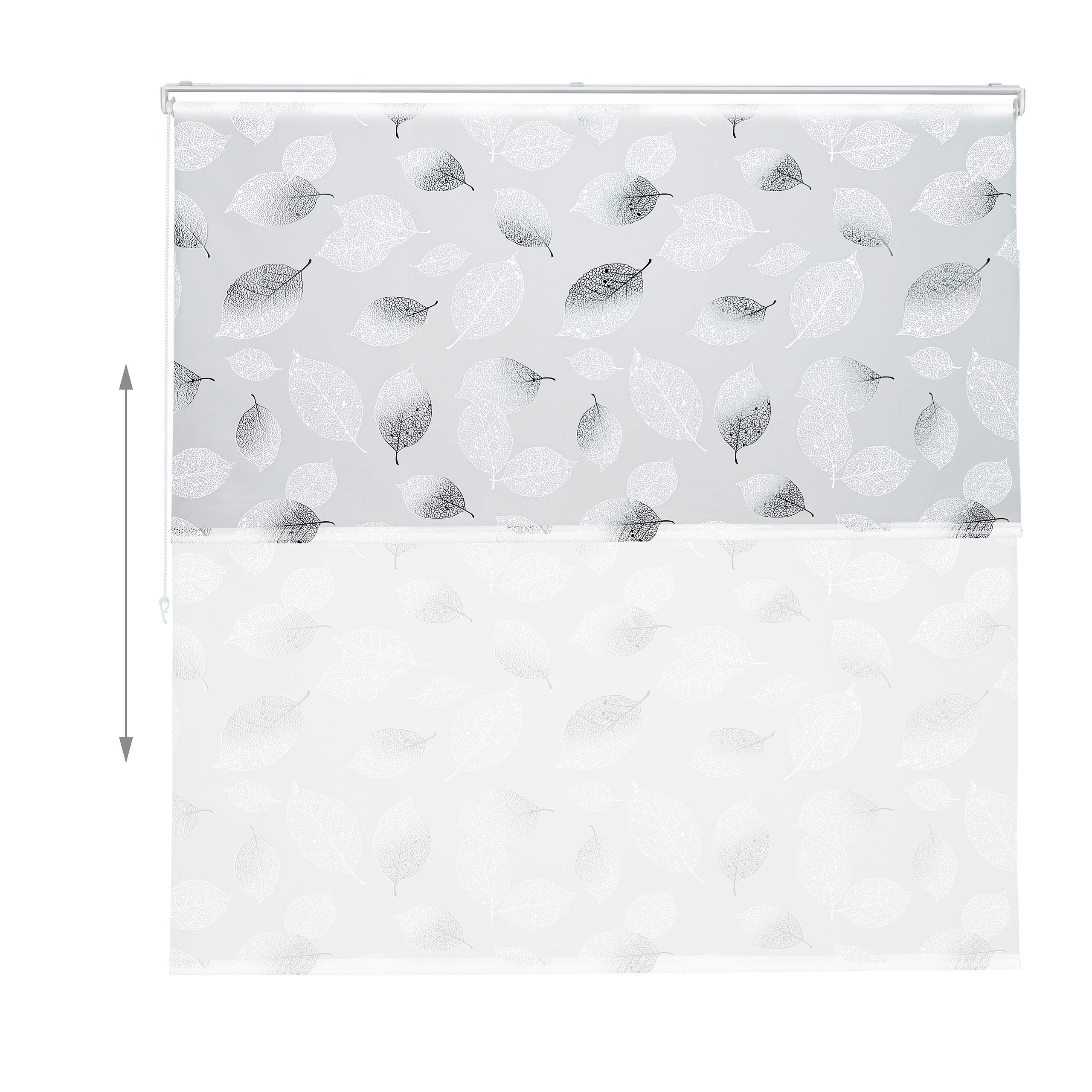 Relaxdays Cortina Enrollable Ducha Estampado de Hojas, Cortina Bañera 160x240cm, Sujeción Techo/Ventana, Blanco y Negro