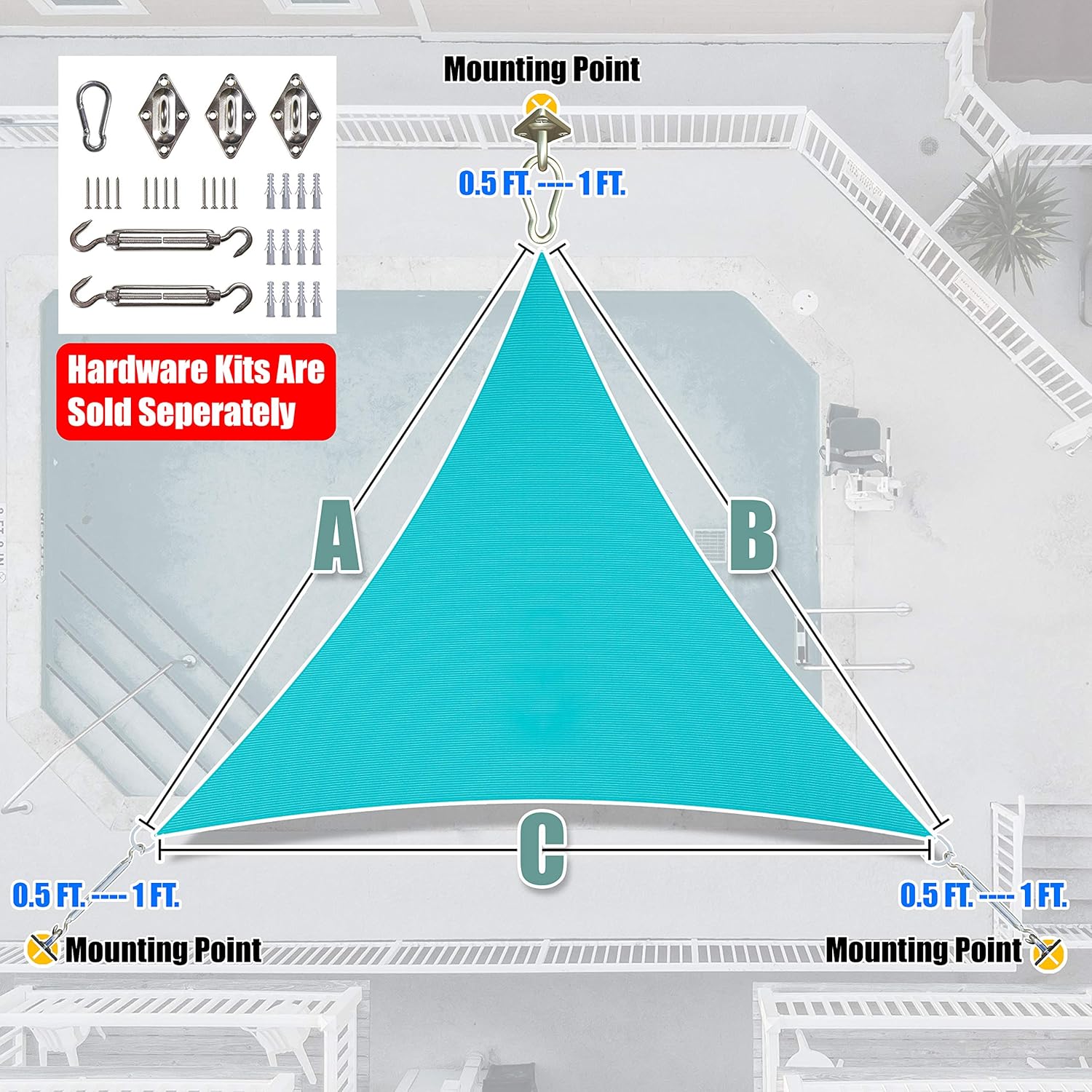 Amgo 8' x 8' x 8' Turquoise Triangle Sun Shade Sail Outdoor Canopy Awning UPF50 AGTAPT32, 95% UV Blockage, Water & Air Permeable, Commercial Standard Heavy Duty (We Make Custom Size)