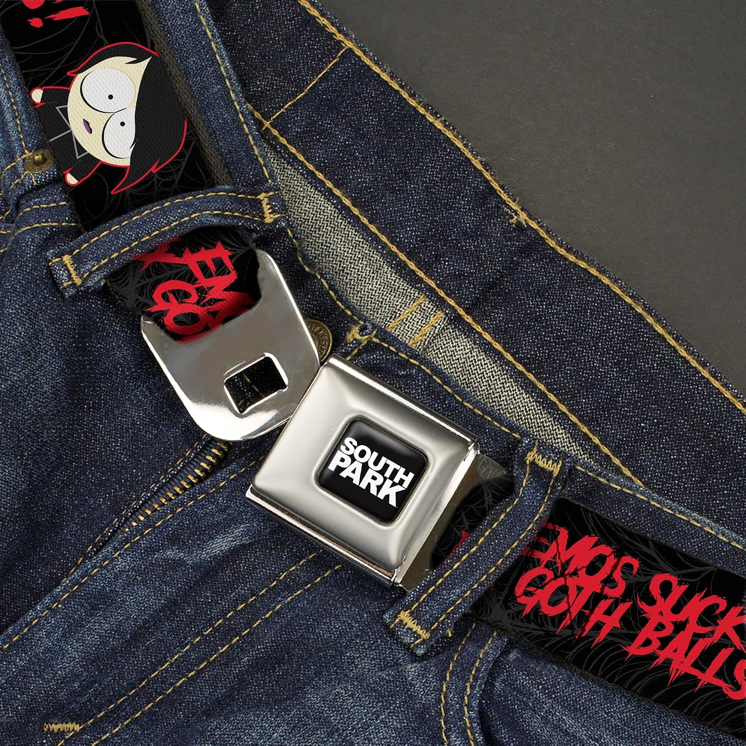 Comedy Central Belt, Seatbelt Buckle Belt, South Park Goth Firkle Emos Sucks My Goth Balls Gray, Adjustable