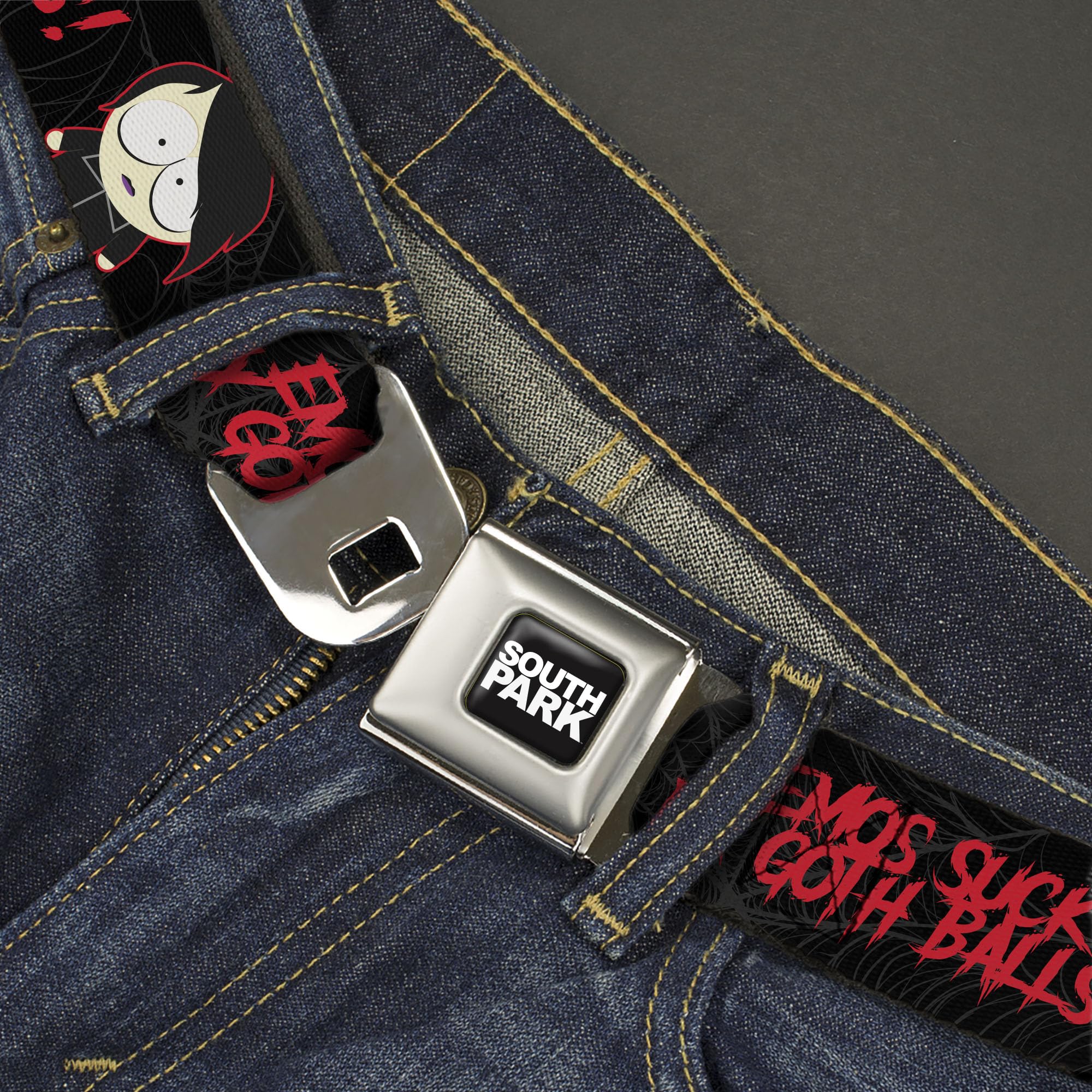 Comedy Central Belt, Seatbelt Buckle Belt, South Park Goth Firkle Emos Sucks My Goth Balls Black Gray, Youth 20 to 36 Inches
