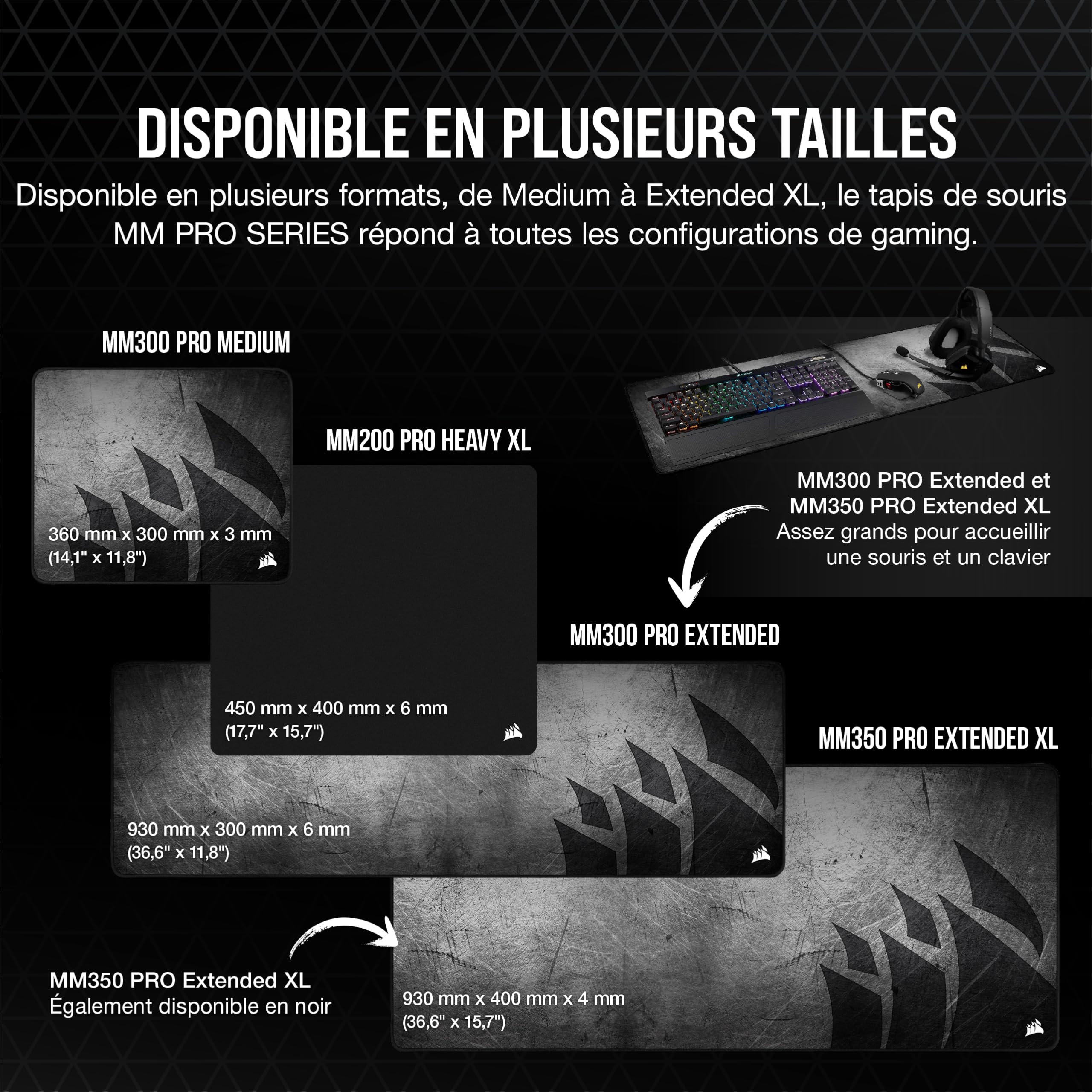 Corsair MM350 Pro Tapis de Souris Gaming – Élargi XL – Noir | 93 cm x 40 cm, micro-tissé, caoutchouc aiguilleté épais 4 mm, base en caoutchouc texturé antidérapant