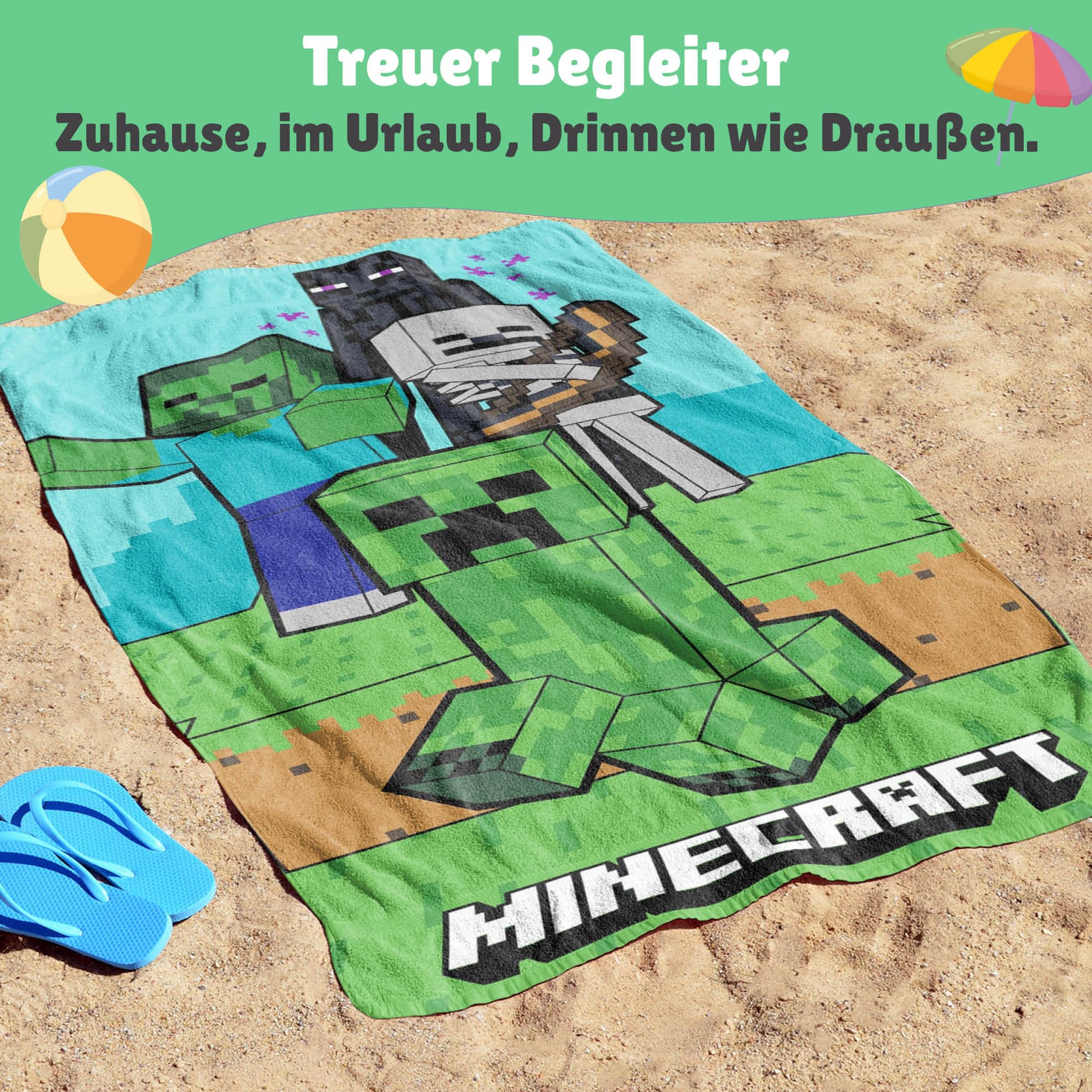 Familando – Minecraft Strandtuch Jungen 70x140 cm – Badetuch & Duschtuch aus 100% Baumwolle – mit Creeper, Zombie & Enderman – Öko-TEX Zertifiziert