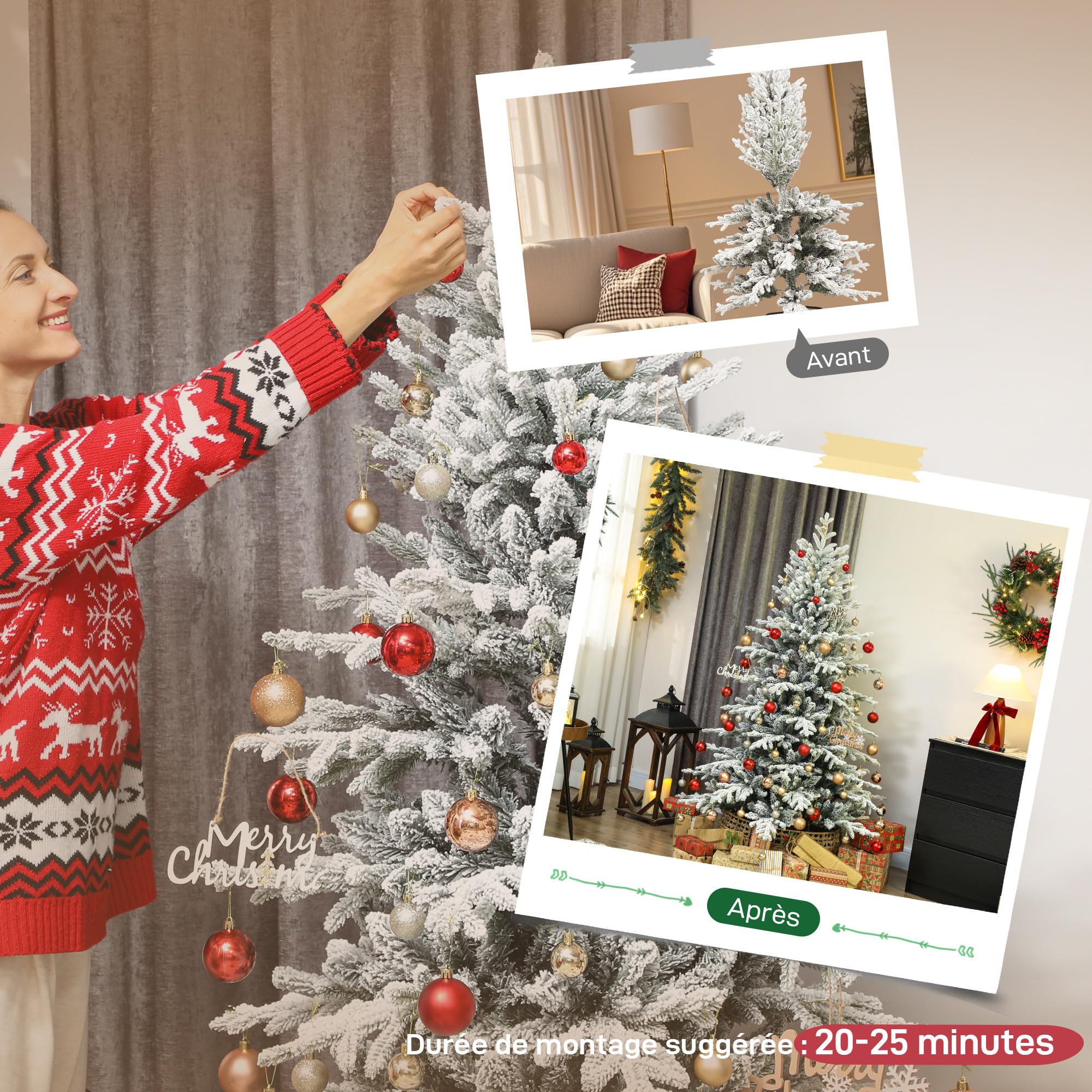 HOMCOM Sapin de Noël Artificiel Floqué de Neige 180 cm Vert | 1815 Pointes de Branches Articulées, Arbre de Noël, Support en Métal Pliable, Facile à Monter et Ranger, Plastique Ignifuge