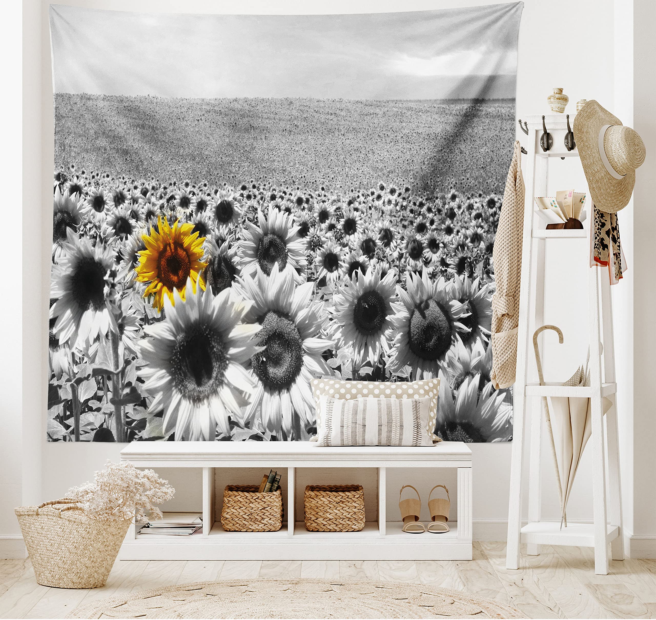 Ambesonne Modern Tapestry, Sunflower Field Black and White a Single Yellow Flower Spring Landscape Individuality, Wide Wall Hanging for Bedroom Living Room Dorm, 60