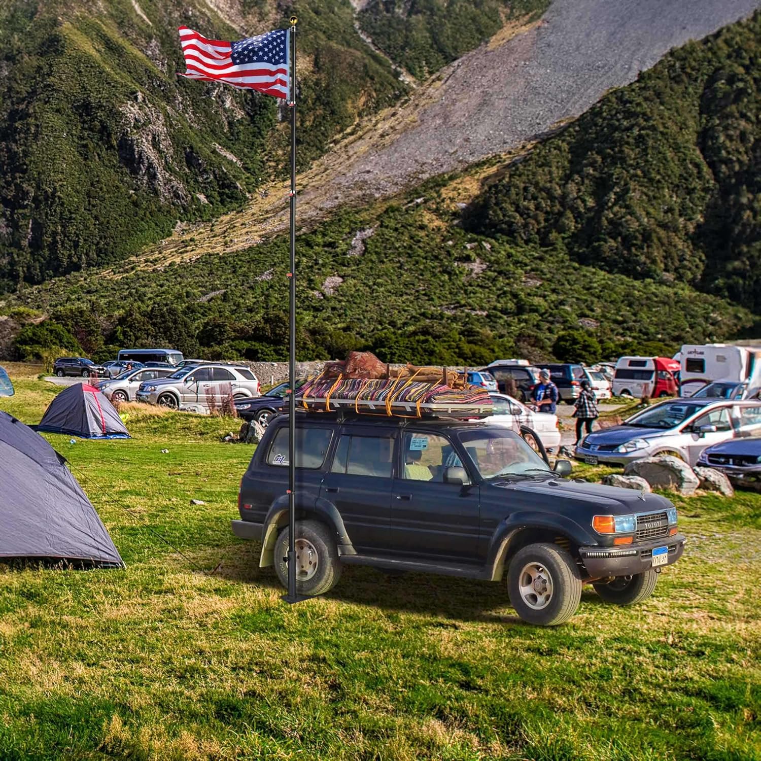 Yeshom Flag Pole Tire Mount Portable Metal Tailgate RV Camping 20ft 25ft 30ft Telescopic Adjustable Flagpole Holder Black