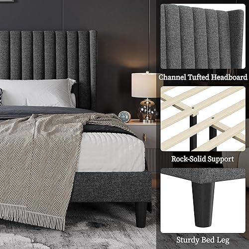 Miniatura 22 de Yaheetech - Base de cama matrimonial, plataforma tapizada con cabecera de borde ala, base de colchón de tela capitoné cuadrada, soporte de listones