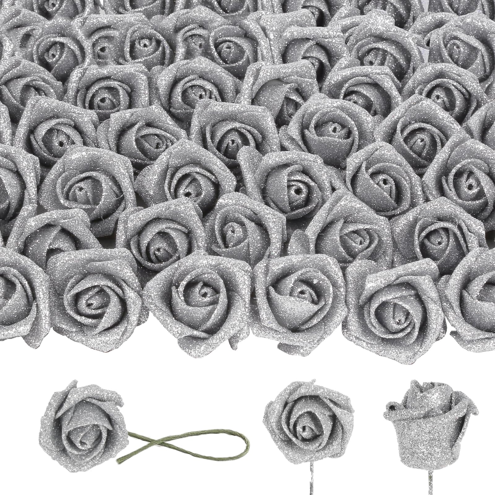 Silver Roses 50PCS Foam Glitter Roses 1.77" Artificial Roses with Stems Silver Glitter Flowers Bulk Mini Small Rose Fake Silver Flowers for DIY Crafts Decorations Wedding Home Decor (Silver)
