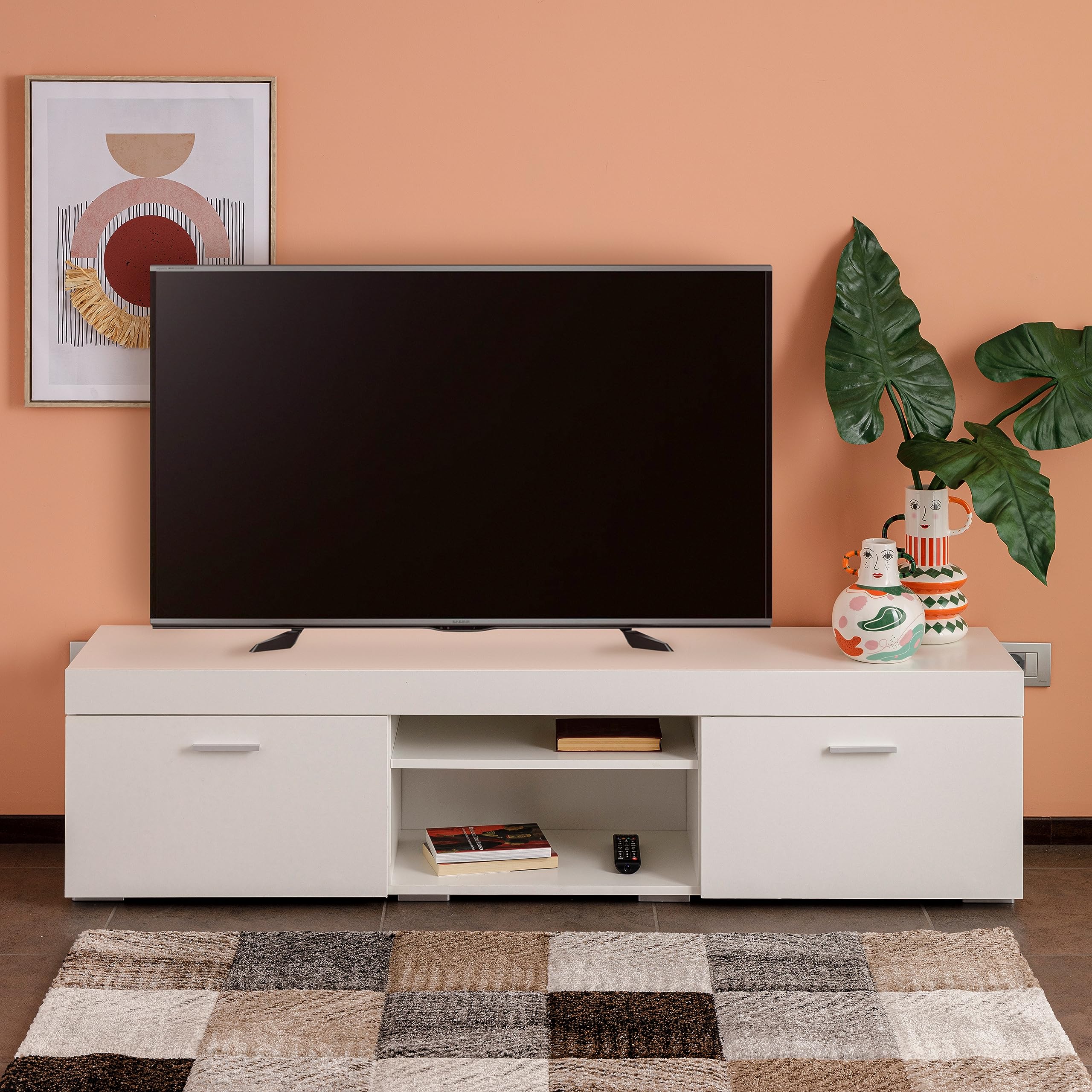 Baroni Home Mobile per Tv con 2 Sportelli 2 Ripiani, Foro per Passaggio Cavi in MDF, Consolle Porta TV per Camera da Letto, Salotto, Cucina, Bianco, 160x35x40 cm