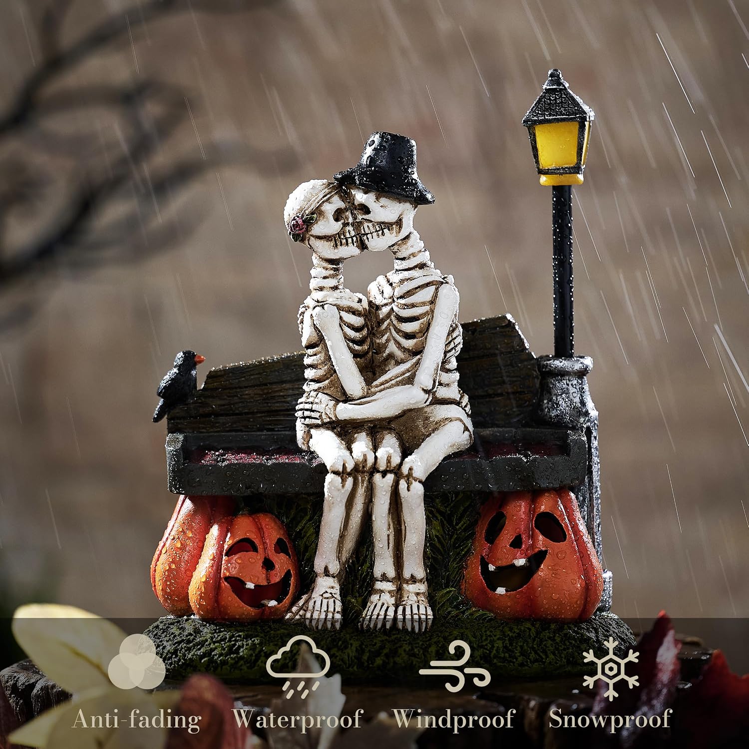 TERESA'S COLLECTIONS Halloween Decorations, Love Never Dies, Skeleton Decor, Couple Kissing Skeletons and Solar Light, Waterproof Resin Halloween Decor, Skeleton Gifts Indoor/Outdoor