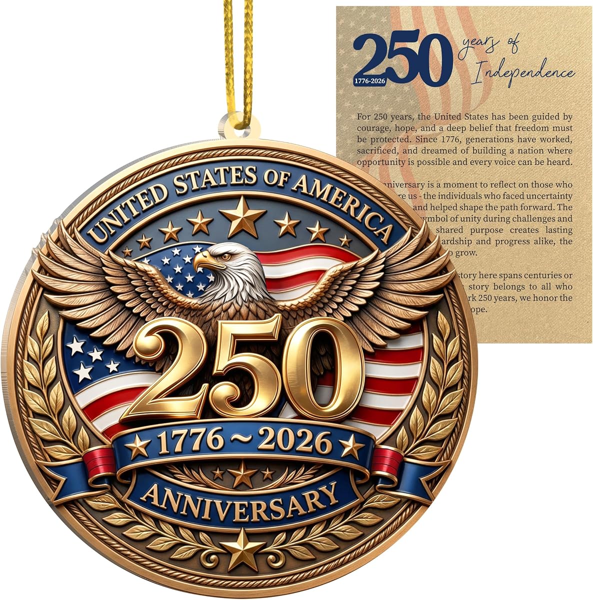 250 Anniversary USA Christmas Ornament, Christmas in July Decorations | 2D Acrylic, 4.4"x2.8", Suncatcher Effect, 250 Anniversary USA Card Included