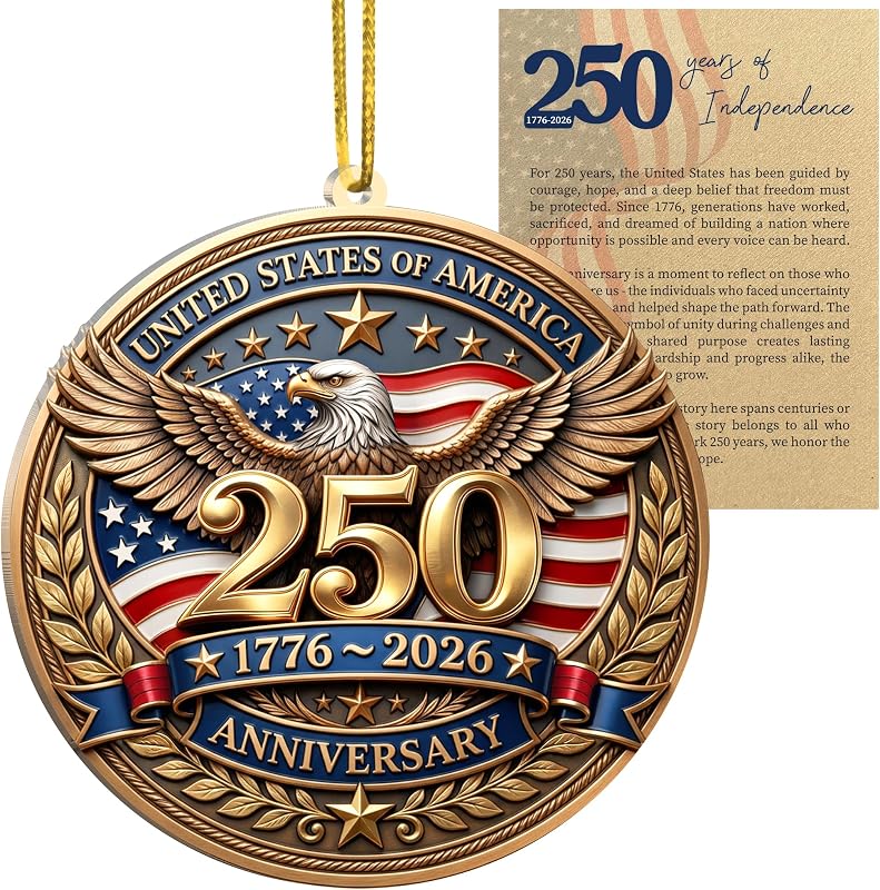 250 Anniversary USA Christmas Ornament, Christmas in July Decorations | 2D Acrylic, 4.4"x2.8", Suncatcher Effect, 250 Anniversary USA Card Included