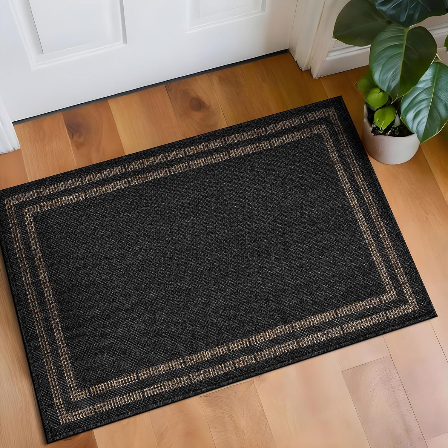 Rugshop Border Stripe Indoor Outdoor Flat Woven Area Rug,Natural Jute-Style,Easy-Care Patio Rug for Entryway Backyard Porch Deck Balcony, 2' x 3' Dark Gray/Natural