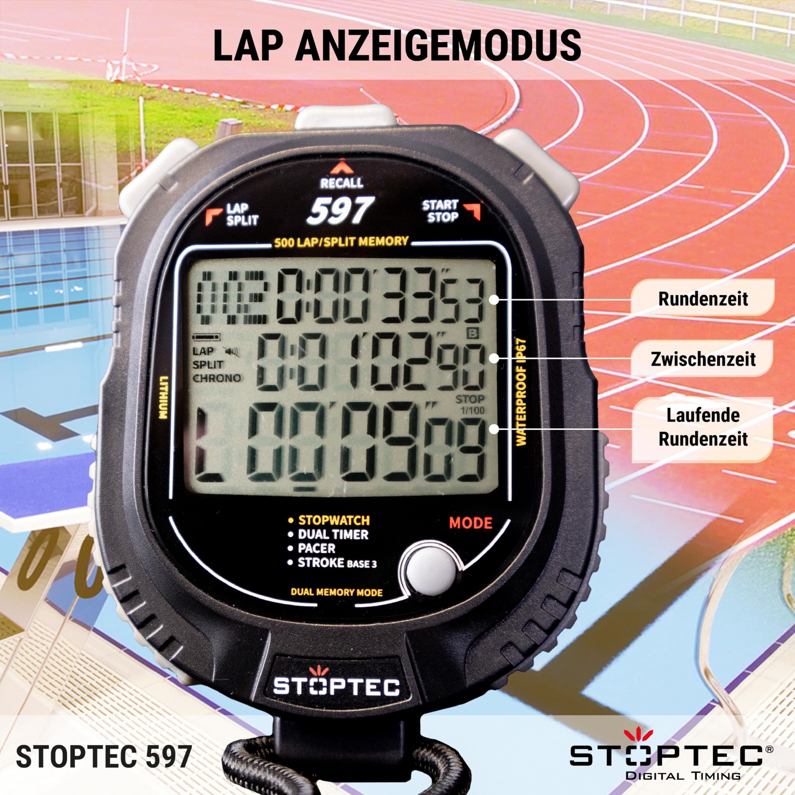 Stoptec - Cronometro 597, grande display a 3 righe, meccanismo a punti di pressione, 500 memoria, doppio timer, pacer, misurazione del numero di colpi, display e suono acceso e disattivabile