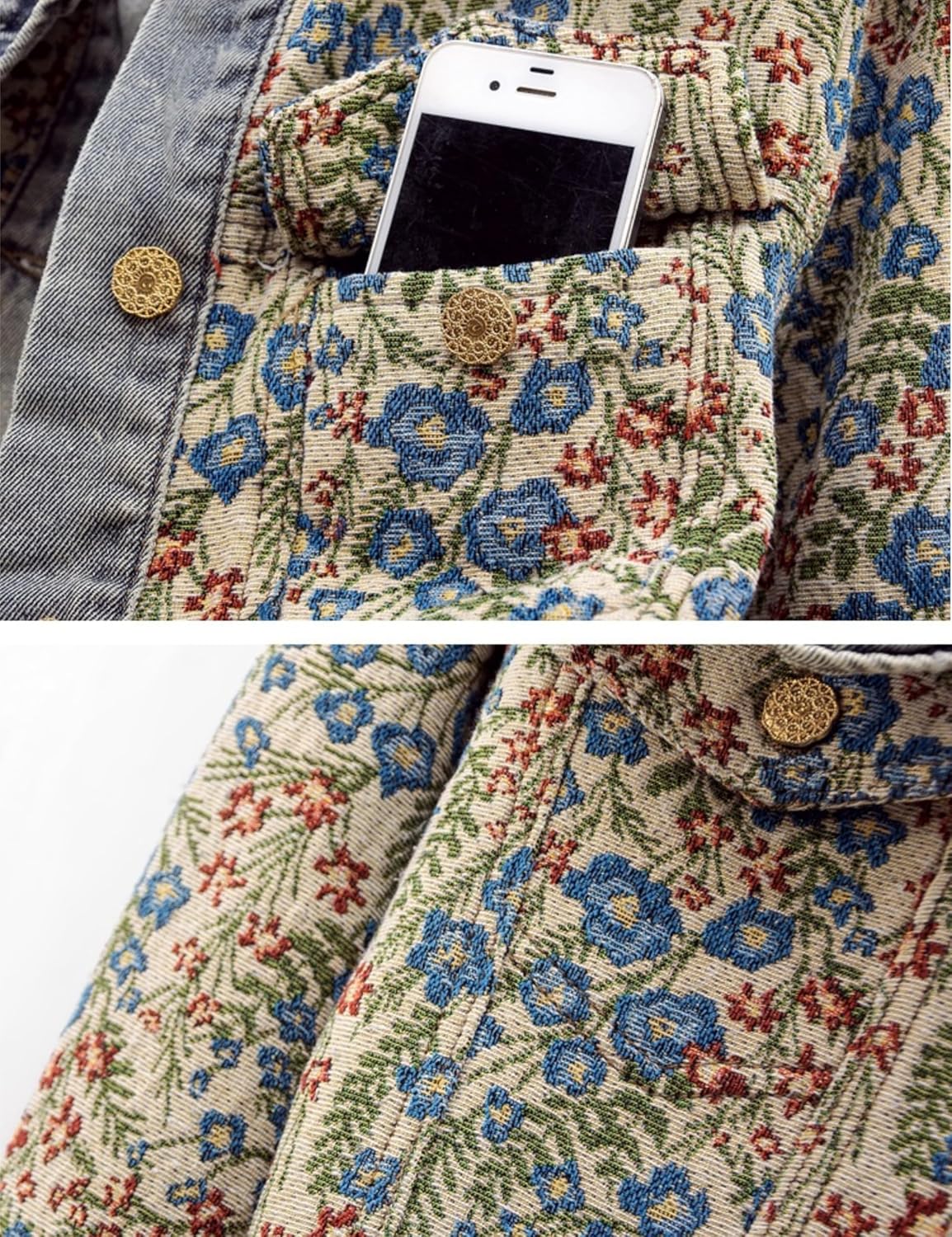 Women's Vintage Floral Denim Jacket Peter Pan Collar Long Sleeve Blue Flower Pattern Button Up Jean Jacket Coat - Image 8