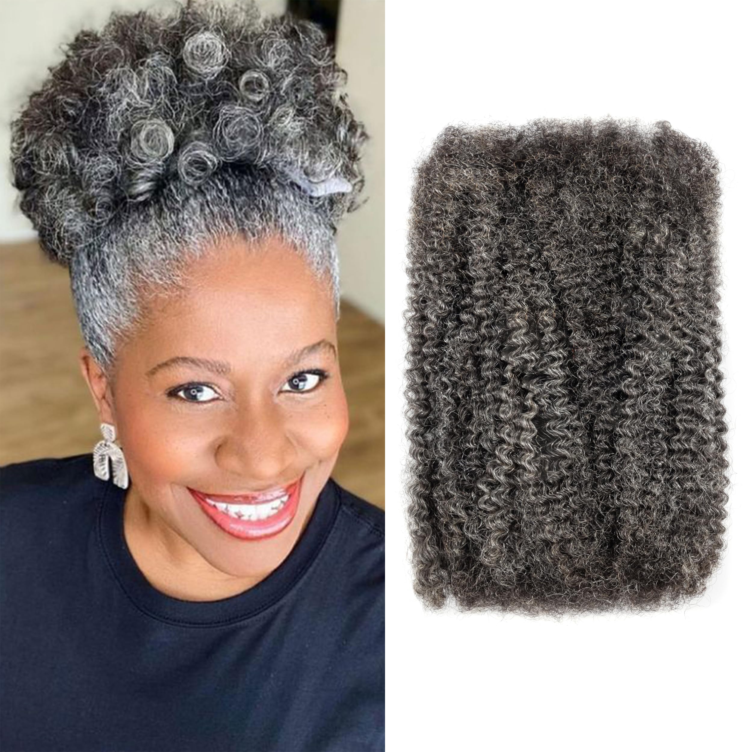 Pre-sretched Afro Kinkys Bulk Human Hair Human Hair for Locs/Twists/Braids/Repair Locs Afro Kinky Curly Bulk Can Bleach And Dye(#SALT&PEPPER,12inch