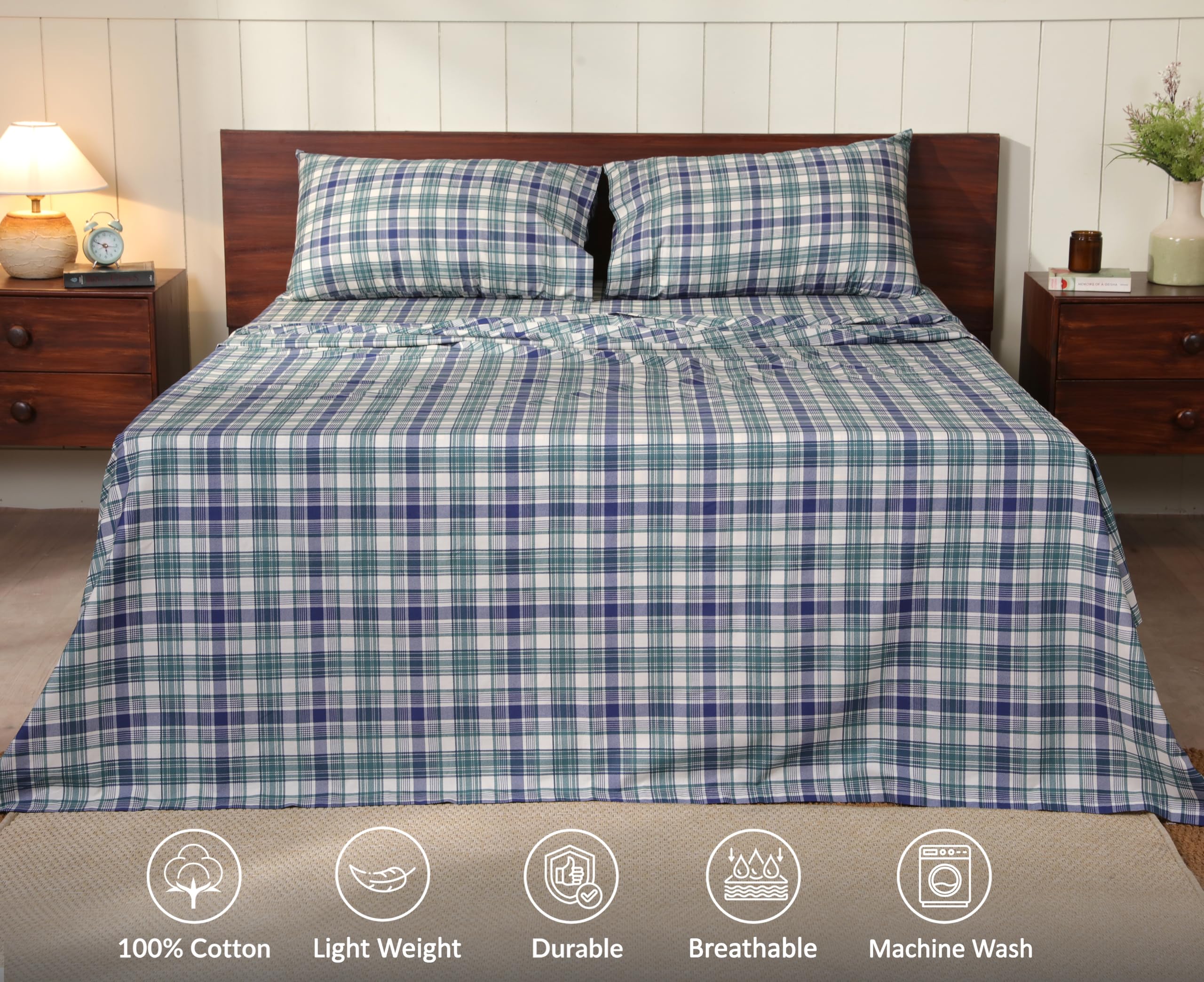 RUVANTI Bettlaken aus 100% Baumwolle, kühlendes Perkal-Bettlaken für King-Size-Bett, atmungsaktiv und langlebig, Kingsize-Bettlaken-Set, 40,6 cm Tiefe Taschen, grünlich-blaues Karo, 4-teilig | Knackig kühlend, tiefe Tasche, 40,6 cm, weich, atmungsaktiv un