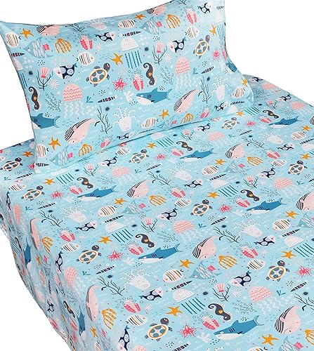 Miniatura 2 de Juego de sábanas tamaño individual de animales marinos, peces marinos, tortuga, tiburón, delfín, regalo, sábana encimera 100% algodón, sábana bajera