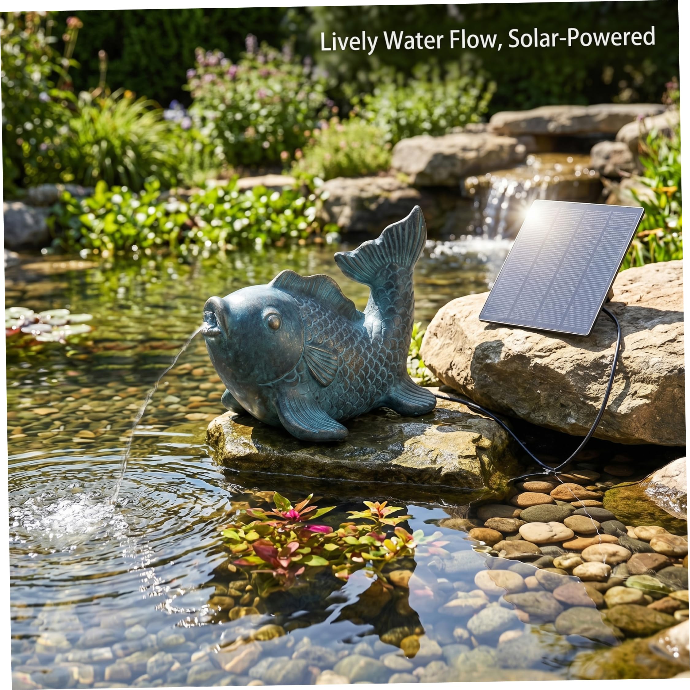 Sputalaghetto a Energia Solare, Piccola Fontana a Forma di Pesce, Decorazione Esterna in Resina per Laghetti da Giardino (6, 89x6, 30x5, 51 Pollici), Ornamenti da Giardino