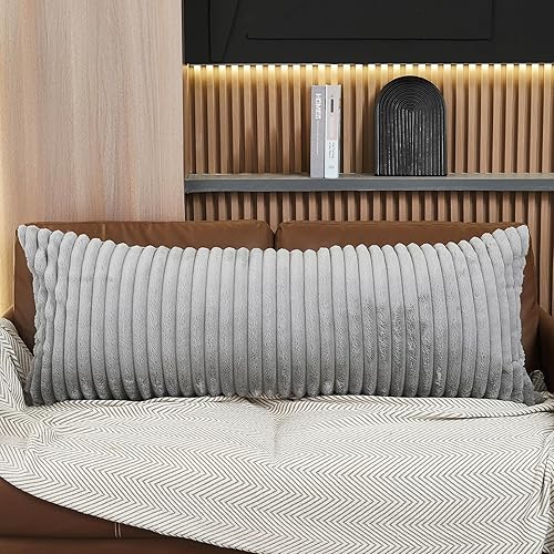 Miniatura 2 de WERDIM Funda de almohada de cuerpo a rayas verticales grises de 21 x 54 pulgadas, funda de almohada de cuerpo largo de piel sintética esponjosa con