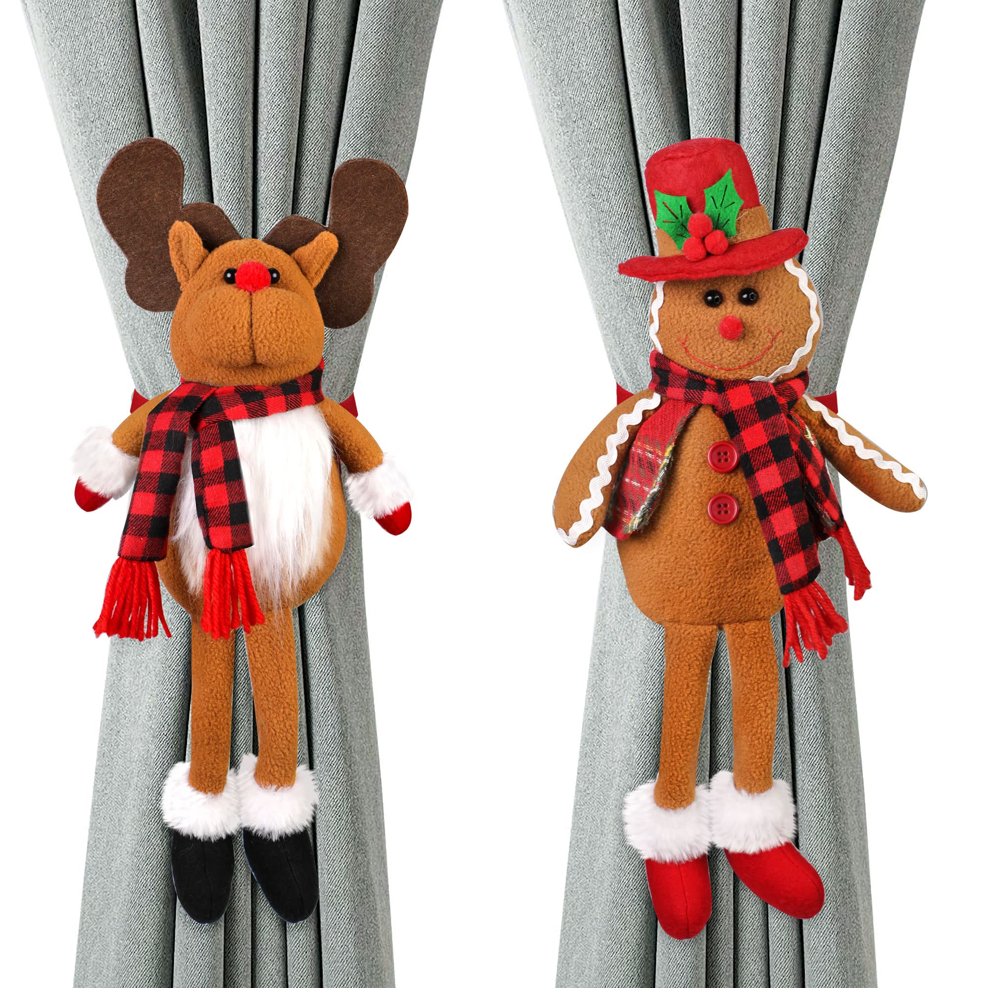 Mexllex 2PCS Christmas Curtain Tiebacks Curtain Buckle Holdbacks Window Strap Buckle Holder Window Decorations Ornaments for Bedroom Living Room(Christmas Gingerbread Man & Deer)