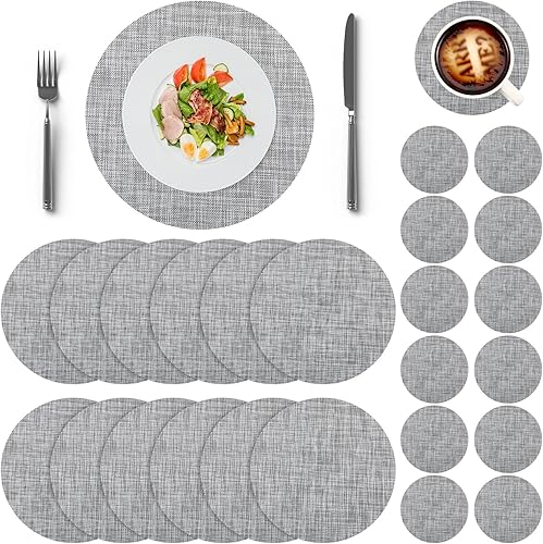 24 manteles individuales redondos trenzados grandes para boda, 12 manteles individuales de vinilo tejido de 15 pulgadas, 12 posavasos resistentes al