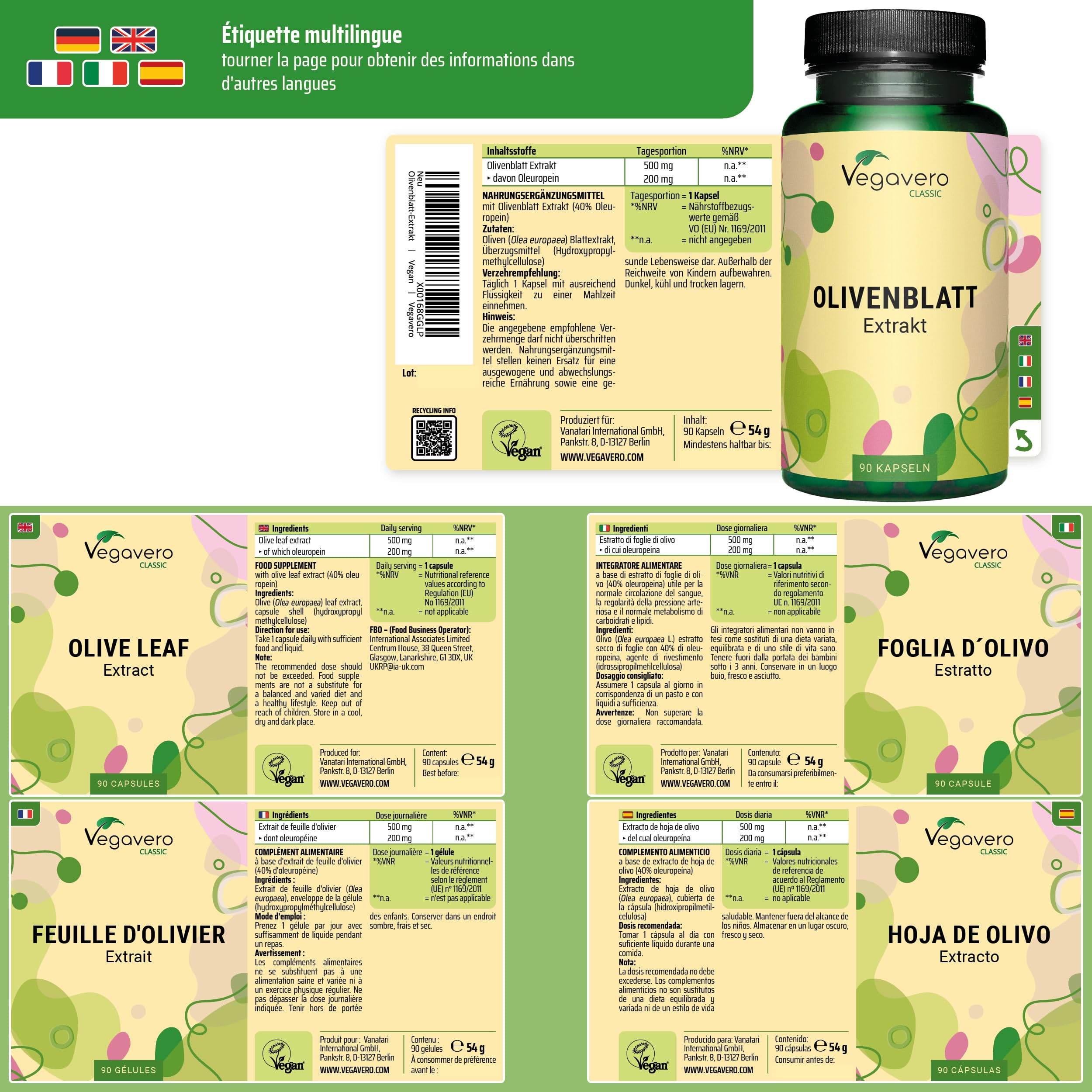 Extrait de Feuilles d'Olivier Vegavero® | 7500 mg avec 40% d'Oleuropéine | Sans Additifs | Antioxydant Puissant + Système cardiovasculaire + Tension | 90 Gélules | VEGAN