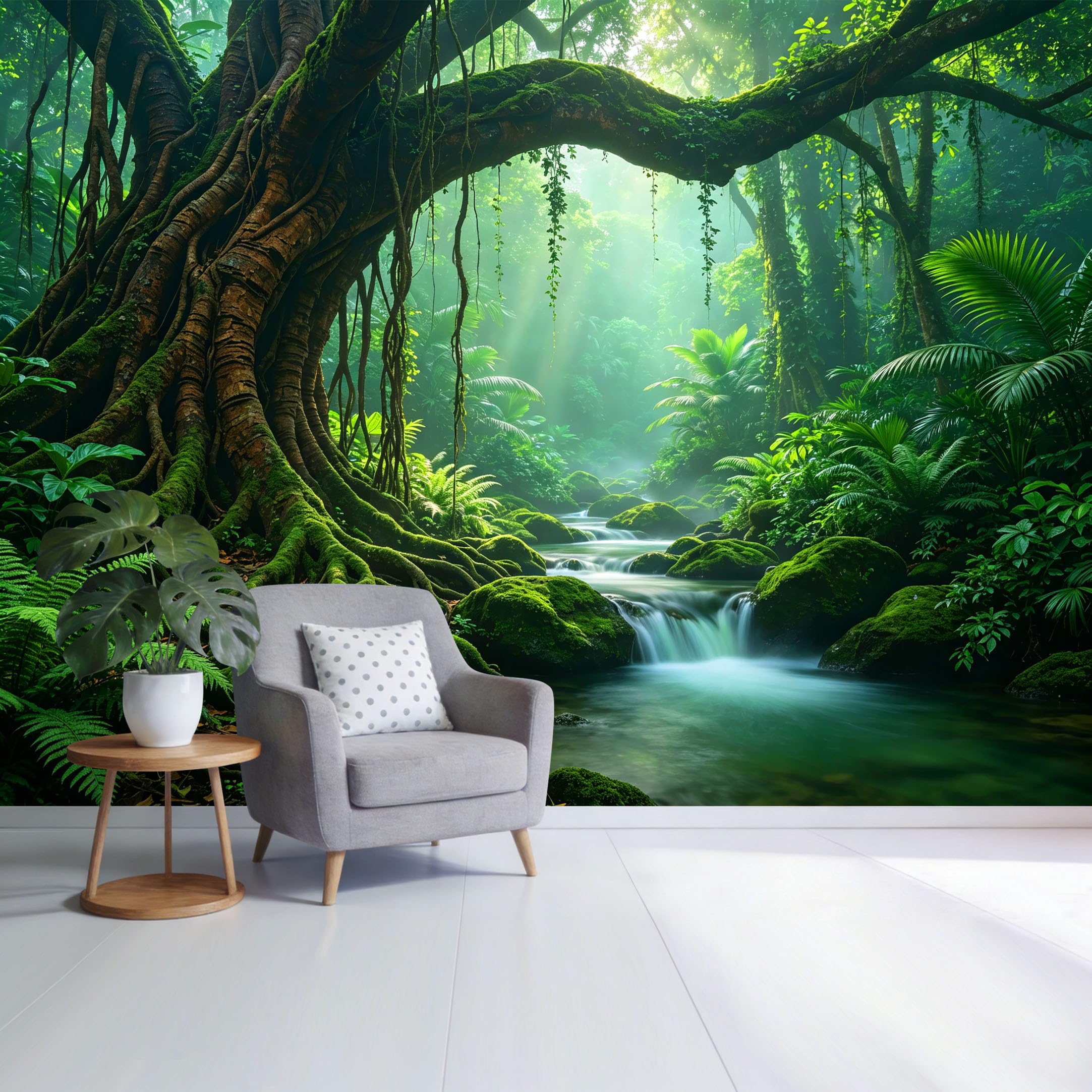 Custom Size Wall Mural Tropical Rainforest River Landscape Sunbeams Mossy Ancient Tree Removable Self Adhesive Fabric，Home Wall Decor for Living Room Bedroom Bathroom