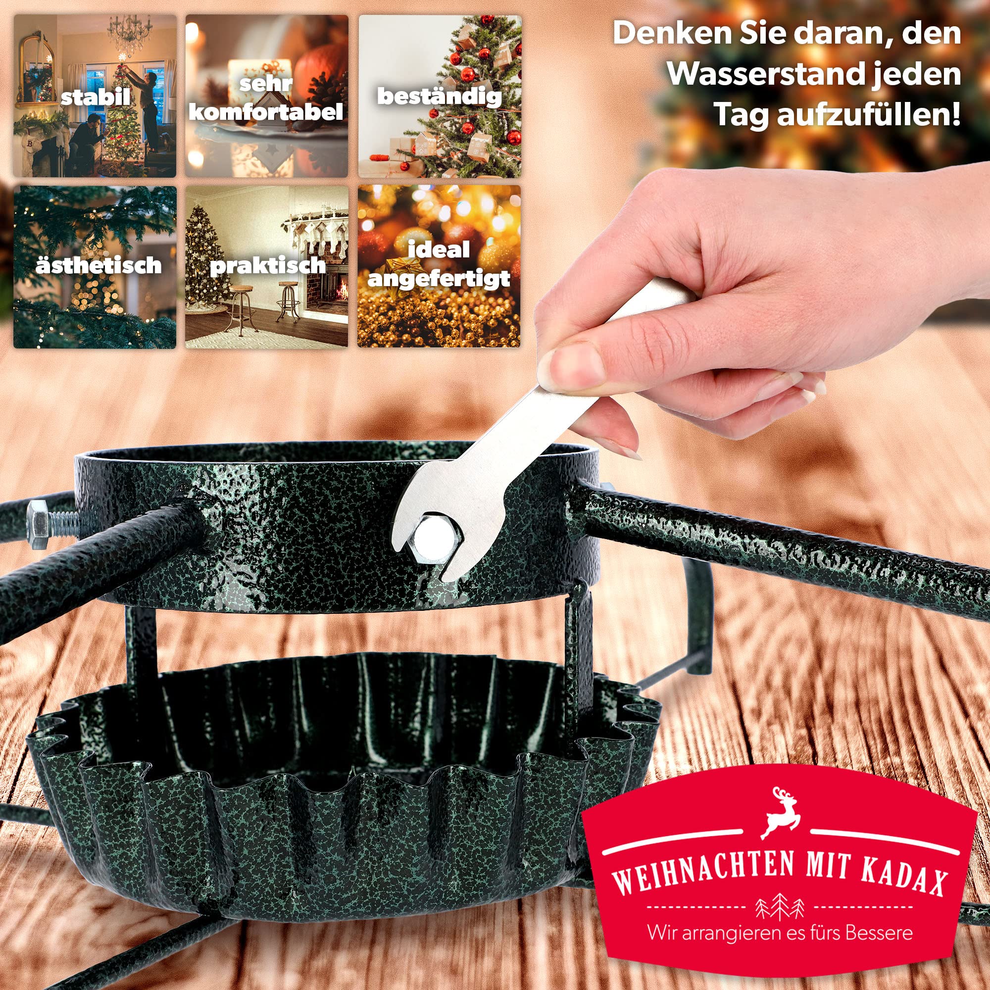 KADAX Weihnachtsbaumständer aus Stahl, Stabiler Christbaumständer mit Wasserschüssel, XXL Tannenbaumständer mit Schwingplatten System, Ständer für Baum, Verschiedene Großen (Breite: 73 cm, Grün)