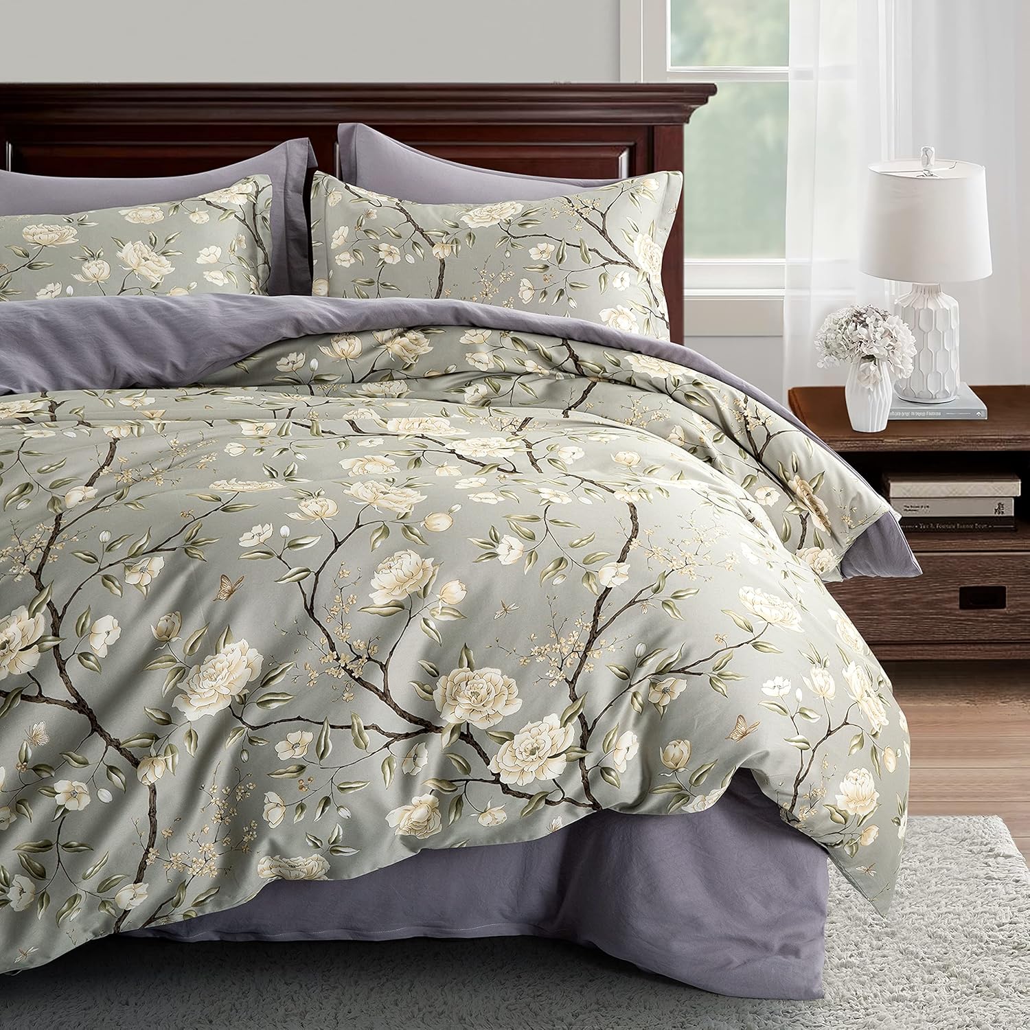 Eikei Cottage Bloom Garden Duvet Cover Set French Country Provincial Chic Floral Birds Bedding Peony Blossom Tree Branches (Grey Olive, King)