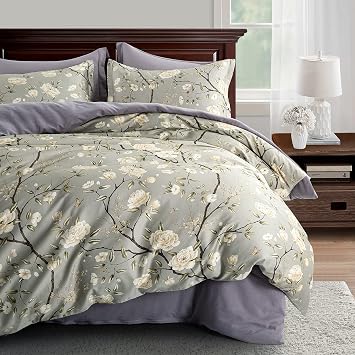 Eikei Cottage Bloom Garden Duvet Cover Set French Country Provincial Chic Floral Birds Bedding Peony Blossom Tree Branches Grey Olive, Twin