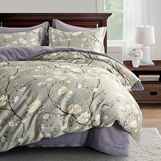 Eikei Cottage Bloom Garden Duvet Cover Set French Country Provincial Chic Floral Birds Bedding Peony Blossom Tree Branches (Grey Olive, Twin)
