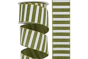 Sage Green Wired Ribbon 2.5" Horizontal White Stripe Wired Edge Burlap Ribbon Farmhouse Wire Ribbon
