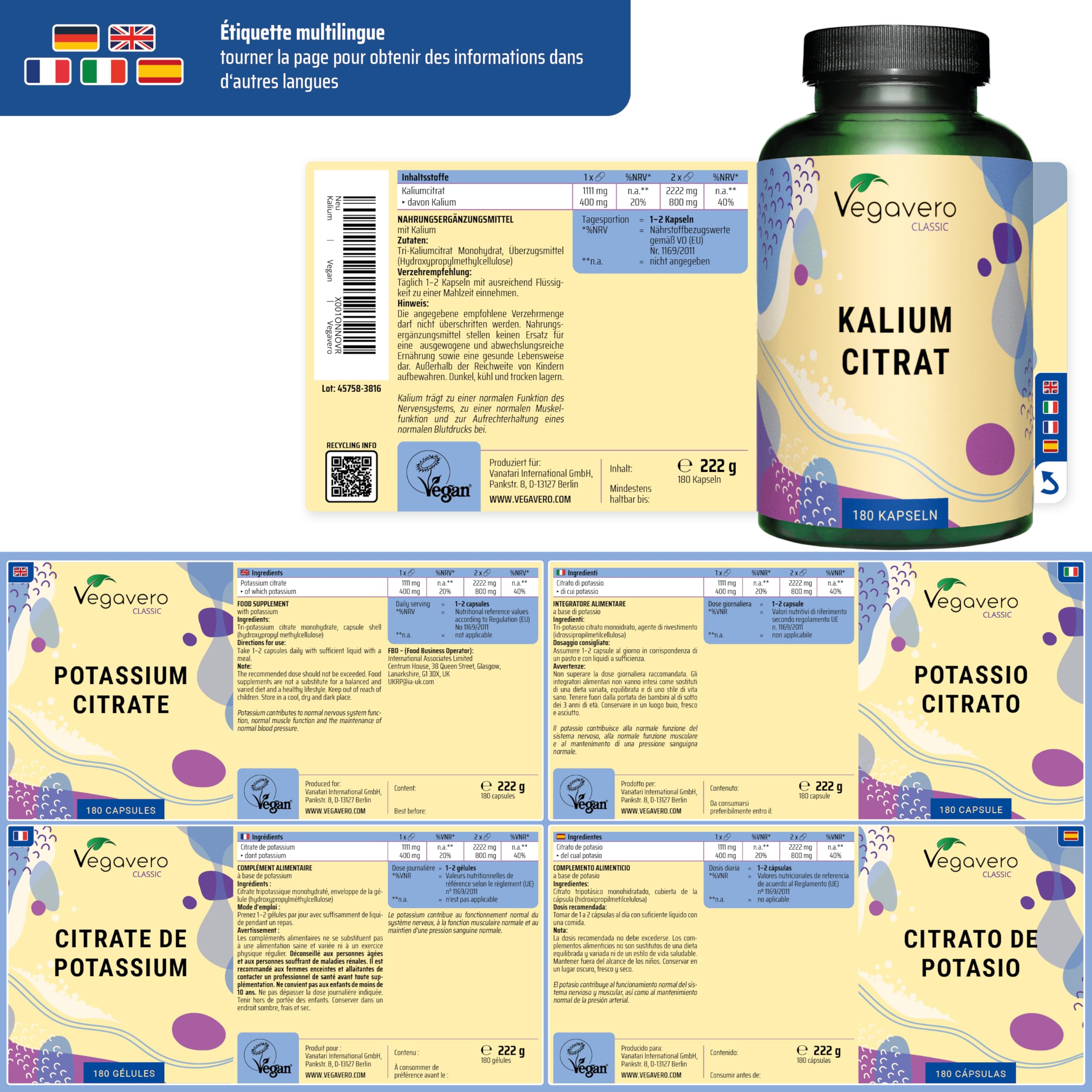 Citrate de Potassium 2222mg | Biodisponibilité Élevée | Sans Additifs & Vegan | Electrolyte, Fonction Musculaire & Système Nerveux* | Vegavero®