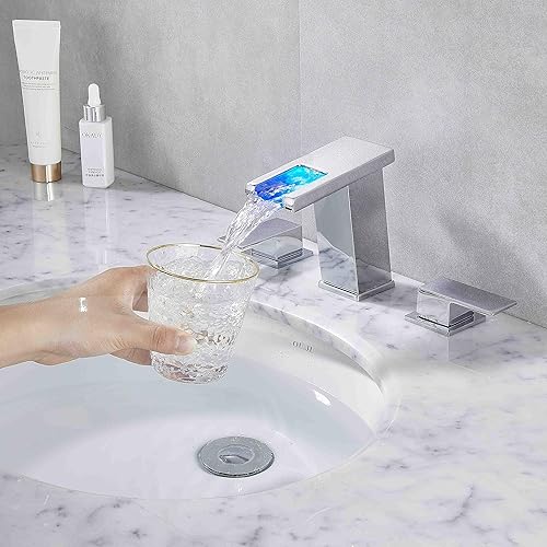 Miniatura 5 de Grifo generalizado con luz LED para cromo de 3 agujeros, 8 pulgadas, grifo de baño moderno de cascada con drenaje desplegable y manguera de