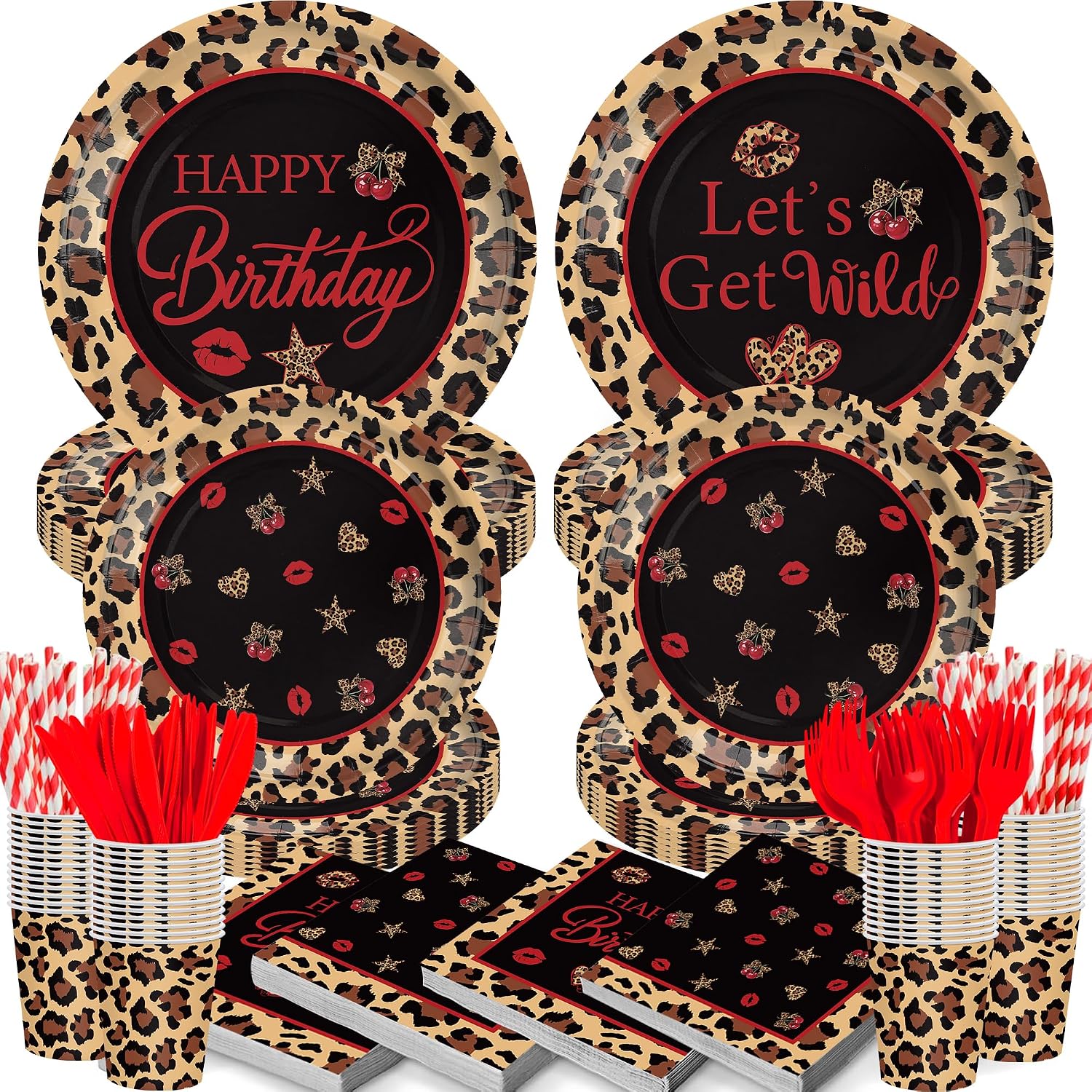 168PCS Red Cheetah Print Birthday Party Decorations Cheetah and Cherry Print Themed Party Decor Cheetah Plates Napkins Cups Tableware Set, Y2K Girls Night Party Supplies Serve 24 Guests