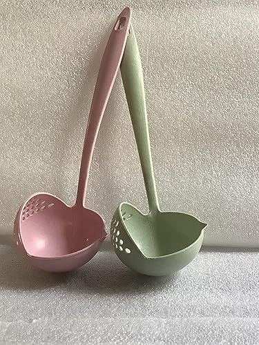 S.SARI Cuchara de plástico multifunción con filtro de filtro, cuchara ranurada, cuchara para sopa para cocina (2 verdes y rosas)