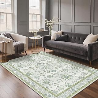GENIMO 5x7 Area Rugs, Machine Washable Rug Non Slip, Soft Retro Vintage Boho Rug Indoor, Ultra-Thin Low Pile Rugs for Living Room, Bedroom, Dining Room, Home Office, Cream Green