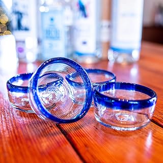 Mezcal Cups | Hand-Blown Glass, Artisan Crafted | Blue Rim Sipping Copitas | Perfect for Mezcal or Tequila | 2 oz. | Set of 4