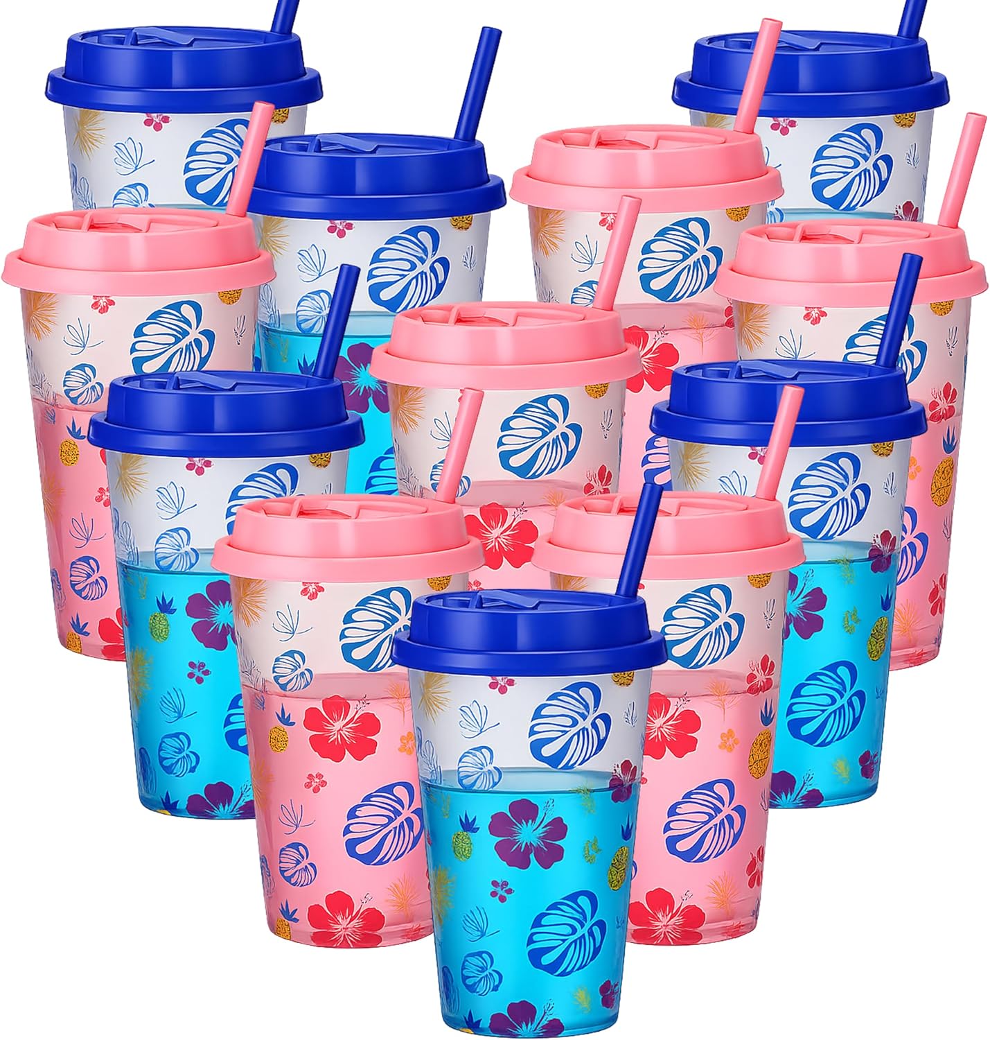 Cartoon Hawaiian Tropical Party Decorations, Hawaiian Party Favors Include 24 Pcs Plastic Cups with Lids and Straws 16oz Blue Pink Luau Cups for Birthday Luau Party Decorations Summer Pool Beach