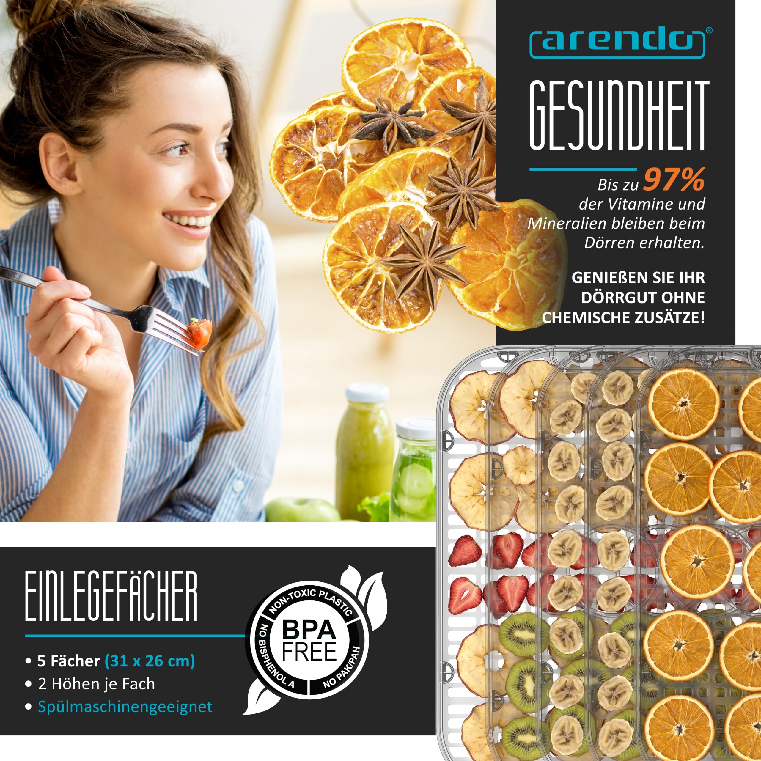 Arendo - Dörrautomat Edelstahl mit Temperaturregler - Edelstahl Dörrgerät für Lebensmittel Fleisch Früchte Gemüse - mit Timer bis zu 24 h - 35-75 Grad - 5 Einlegefächer - GS - Dehydrator - BPA frei