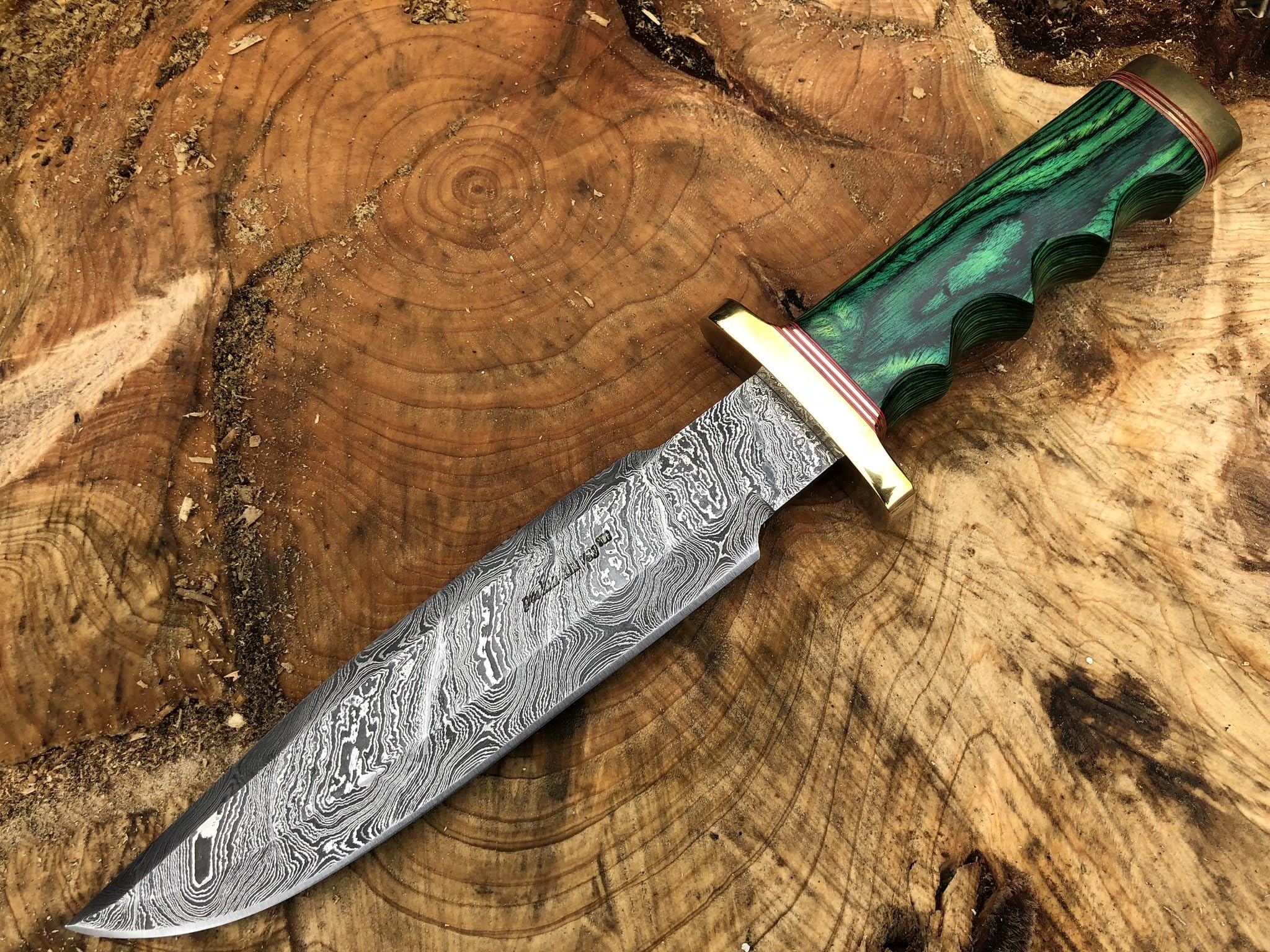 PerkinKnives Damascus Steel Hunting Knife Handmade Knife Fixed Blade (Green Wood Handle and Brass Guard)