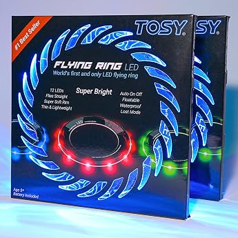 TOSY Flying Ring - Auto Light Up Flying Ring - Set of 2 12 Single Color LED High Brightness Lost Mode Safe Soft Lightweight Toy Waterproof Camping Pool Beach Summer Outdoor Toy for Kids Boys Girls Birthday Gift