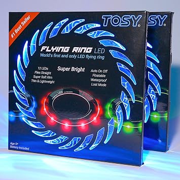 TOSY Flying Ring - Auto Light Up Flying Ring - Set of 2 12 Single Color LED High Brightness Lost Mode Safe Soft Lightweight Toy Waterproof Camping Pool Beach Summer Outdoor Toy for Kids Boys Girls Birthday Gift