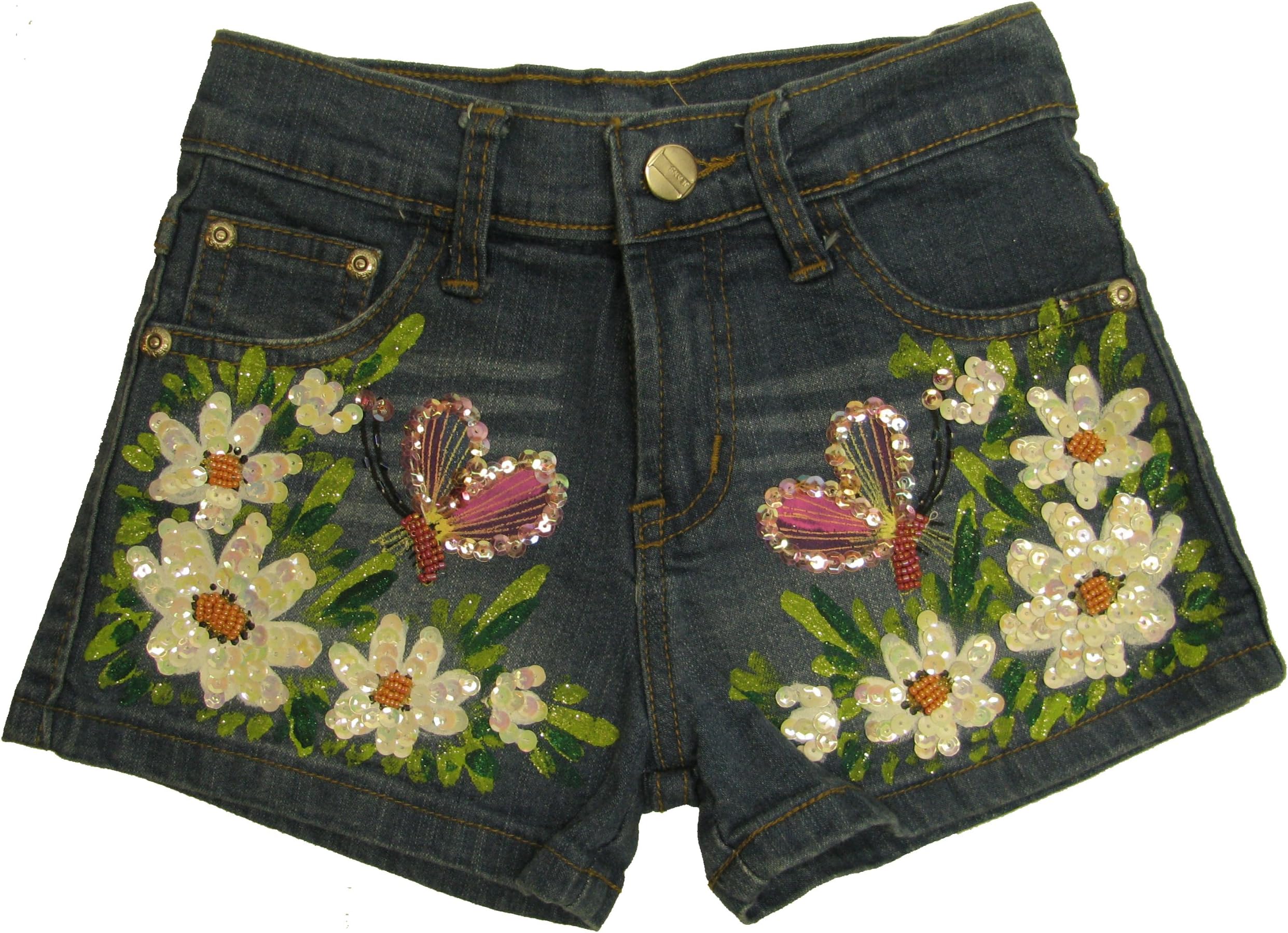 Boho Handmade Hand-Painted and Embroidered Beaded Butterfly Floral Stonewashed Short Short Little Fashionista Girls Size 3 / 4