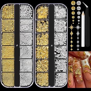 COOSLIM 3D Star Nail Charms, Gold & Silver Multi-Shapes Metallic Nail Art Gems and Small Round Caviar Beads, Craft Jewels Nail Rhinestones Accessories Manicure Decor with Tweezers and Pick-up Pencil 4